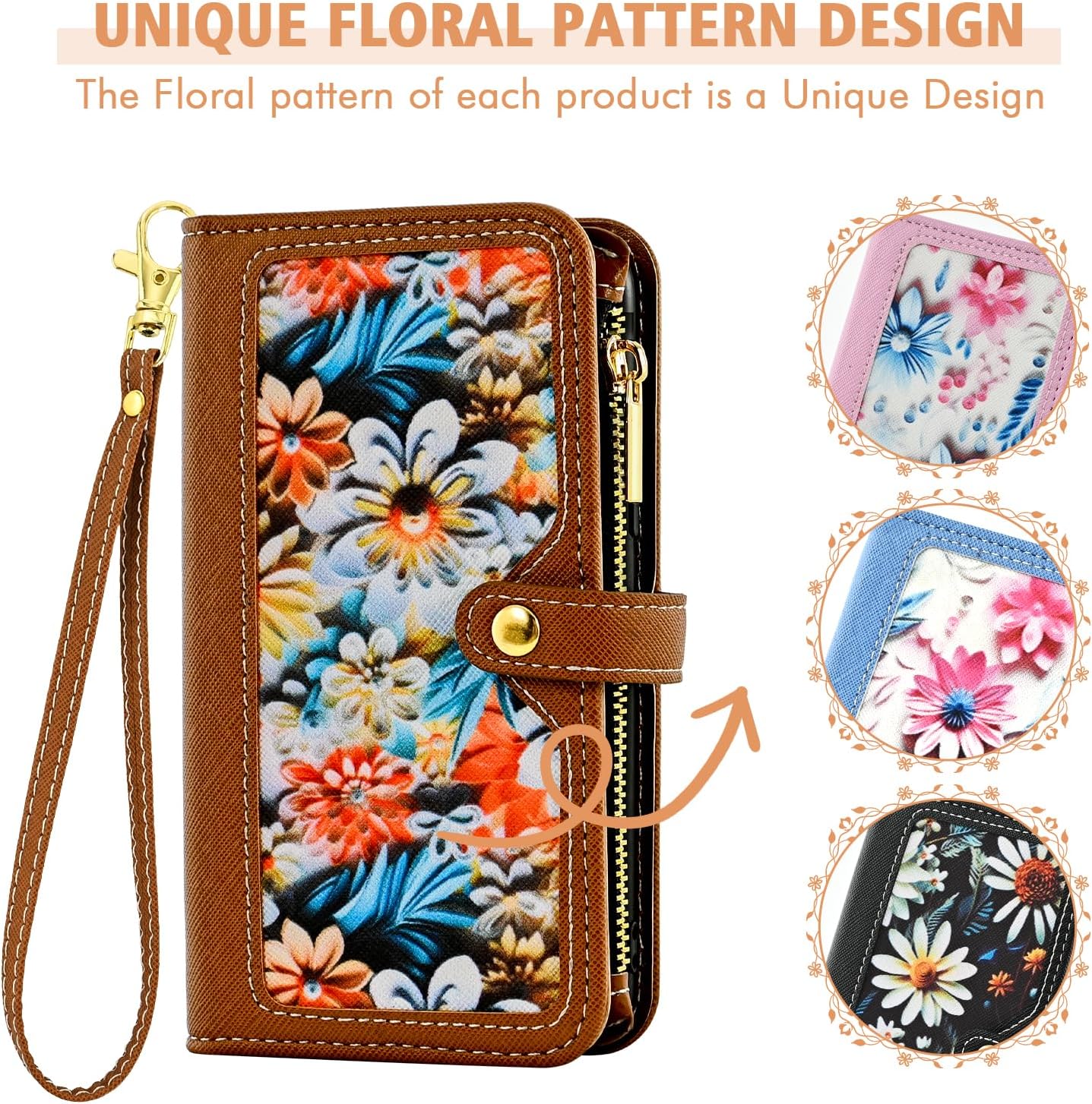 Floral Wallet Case for Samsung Galaxy Z Fold 7 & Wrist/Shoulder Strap Flip Zipper Purse, Luxury PU Leather Credit ID Card Holder Stand Accessories Cell Phone Cover for ZFold Z7 G Fold7 7Z Brown