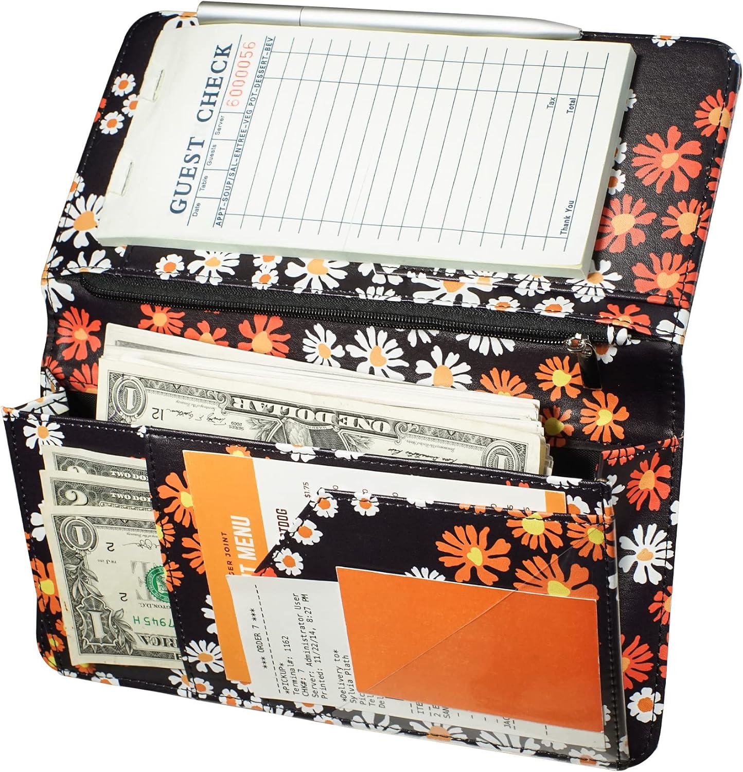 Zreal Server Book for Waitress,5x9 Daisy Serving book, Server Books with Zipper Pocket,Magnetic Closure Pocket for High Volume,Waitress Book Organizer Server Wallet (Black Daisy)