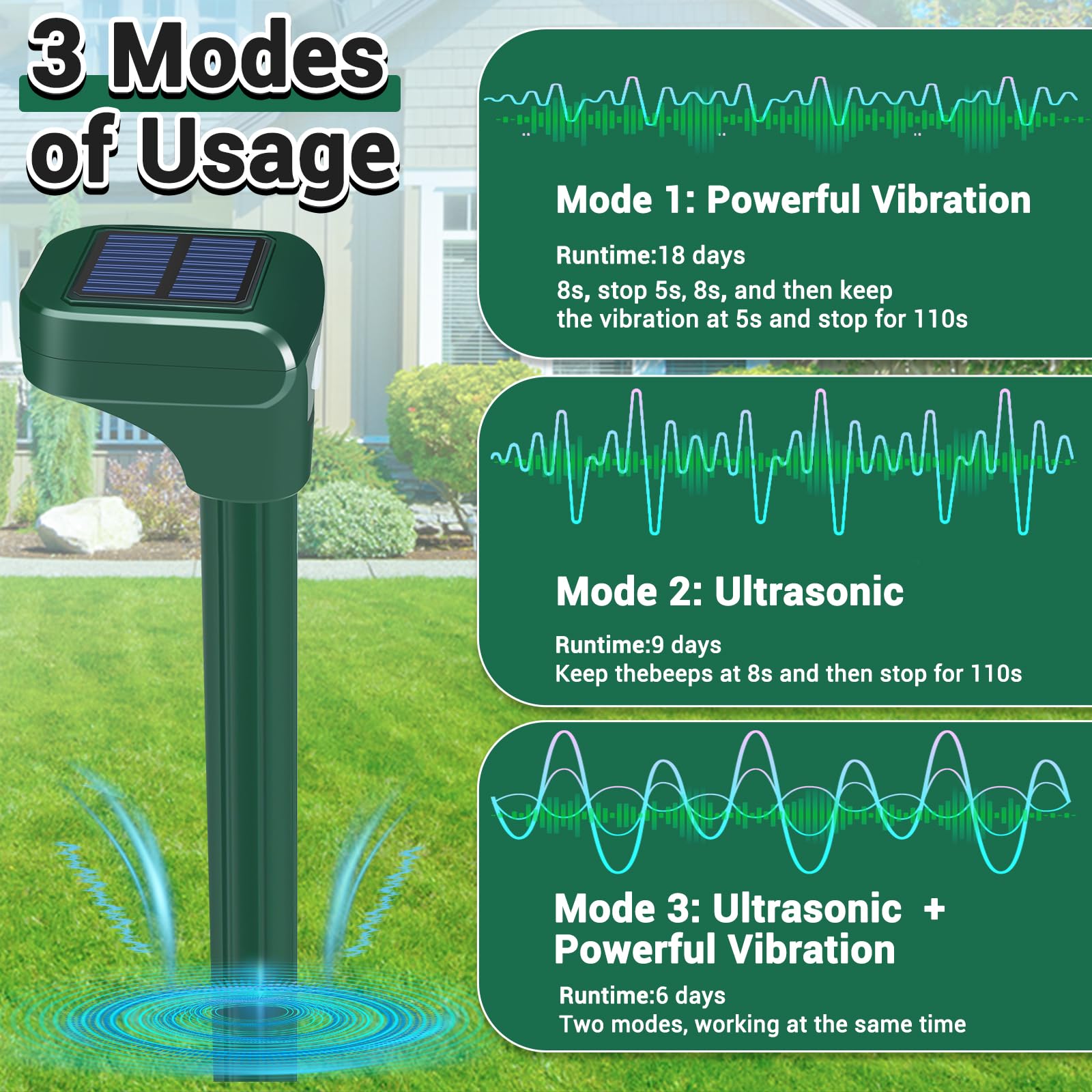 Repelente de topos para césped, paquete de 4, repelente solar ultrasónico de topos, IPX7 impermeable, estacas de vibración de campañol para patio, estaca disuasoria de topos para ardilla, marmota,