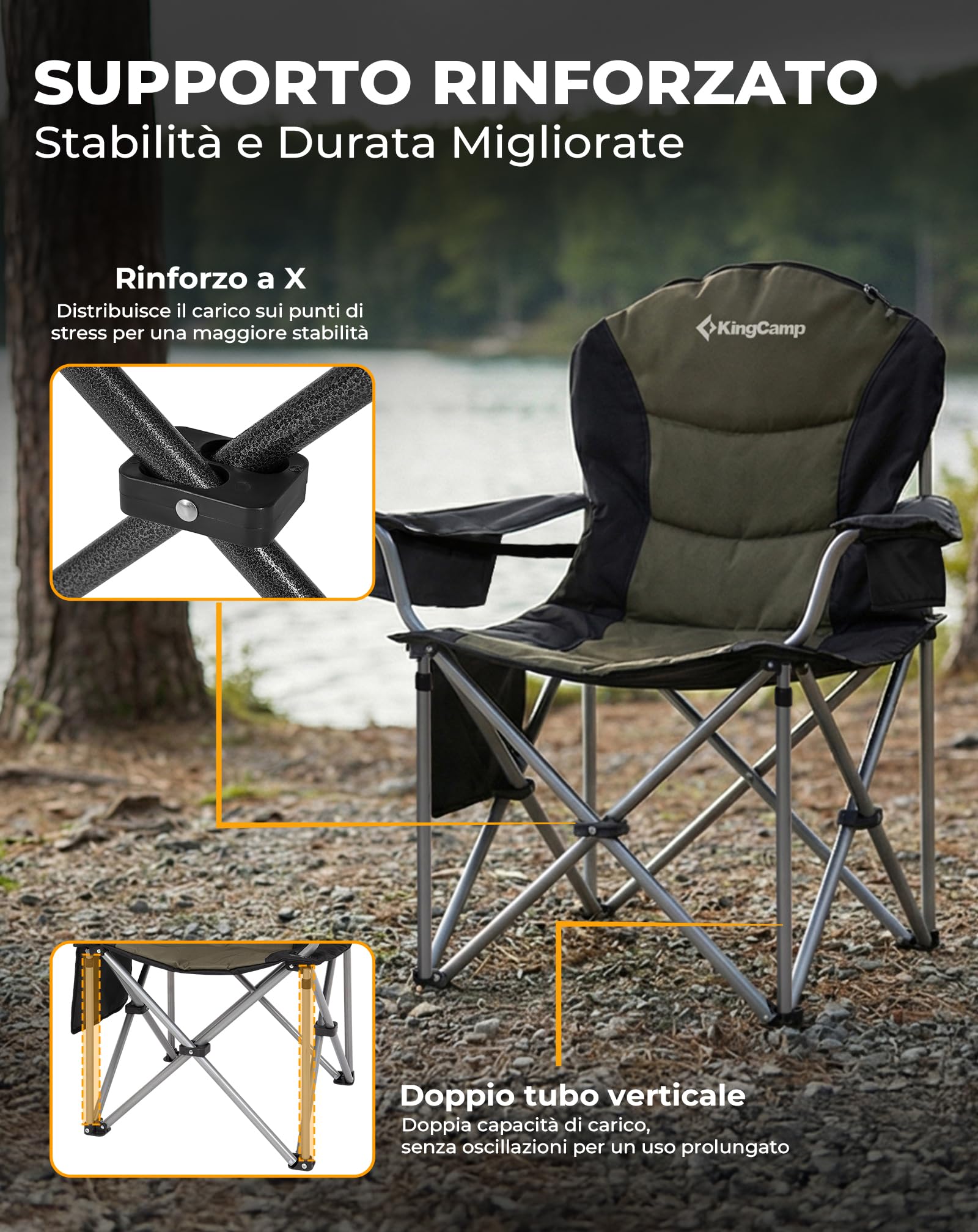 KingCamp Sedia Campeggio Pieghevole Ergonomica Imbottita XXL 250 kg | Sedia con Supporto Lombare Regolabile, Borsa Termica e Braccioli per Camping Giardino Pesca Spiaggia e Festival