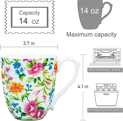 Miniatura 2 de Taza floral de porcelana de hueso de 14 onzas, taza de café floral para mujeres y hombres, taza de té de café de porcelana de hueso con asa cómoda,