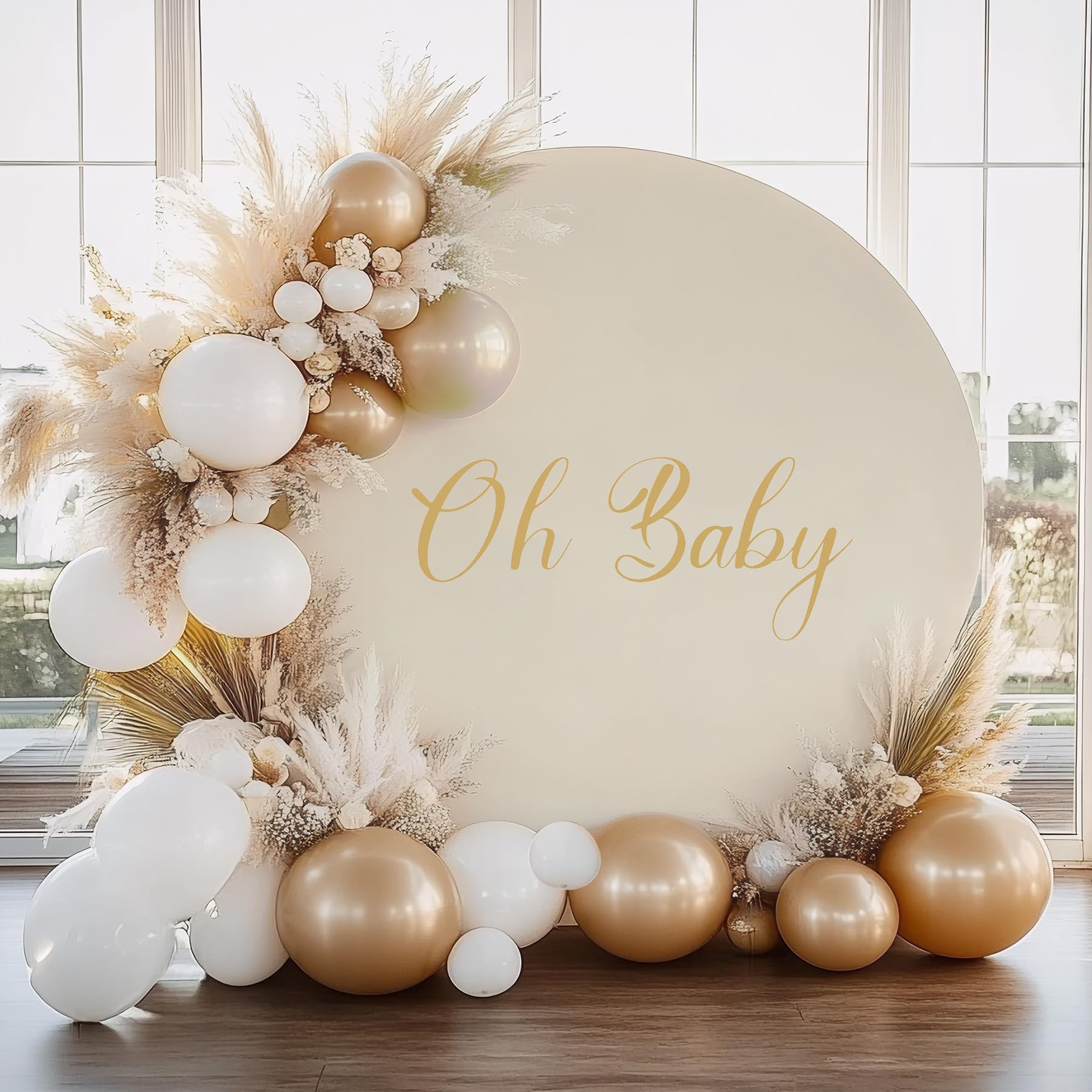 Gallety 2 Pcs 7.2 FT Ivory Round Backdrop Cover for 5 to 7.2ft Circle Arch Stand with Oh Baby and Happy Birthday Decal Sign - Arch Backdrop Cover for