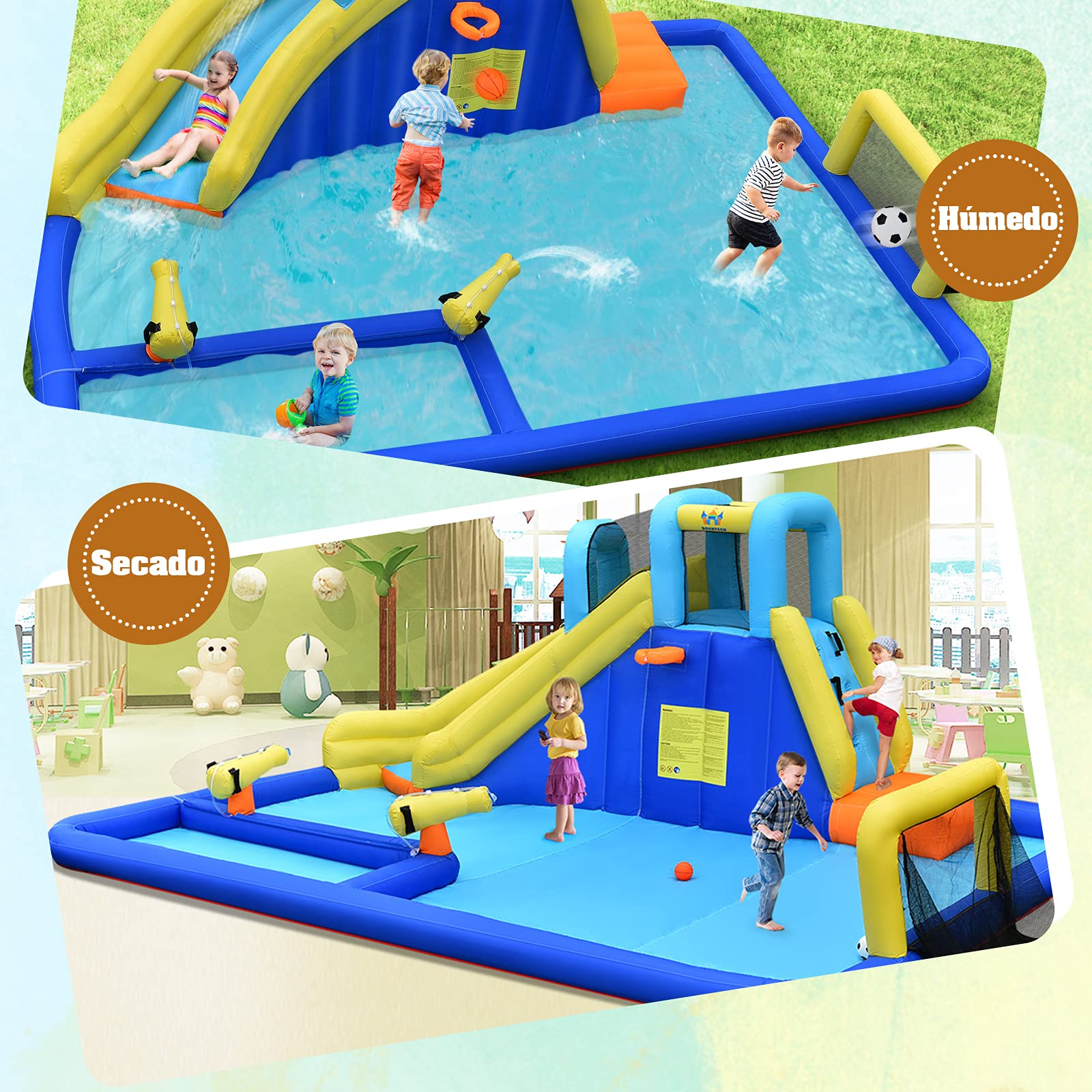COSTWAY Castillo Hinchable Acuática, Castillo Inflable 6 en 1 con Rociador de Agua y Tobogán, Parque Acuático Inflable y Duradero para Uso Seco y Mojado, Bolsa de Rransporte (con Soplador)