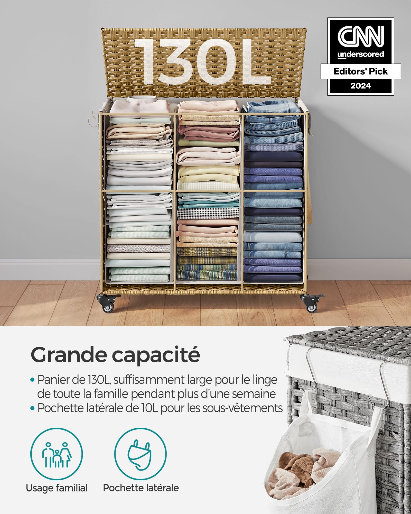 SONGMICS Panier à Linge avec Couvercle, 140L, Corbeille Linge Sale Tressé, avec roulettes, 3 Compartiments, Sac Intérieur Amovible, pour Buanderie, Chambre, 66 x 33 x 66 cm, Couleur Boisée LCB363N01