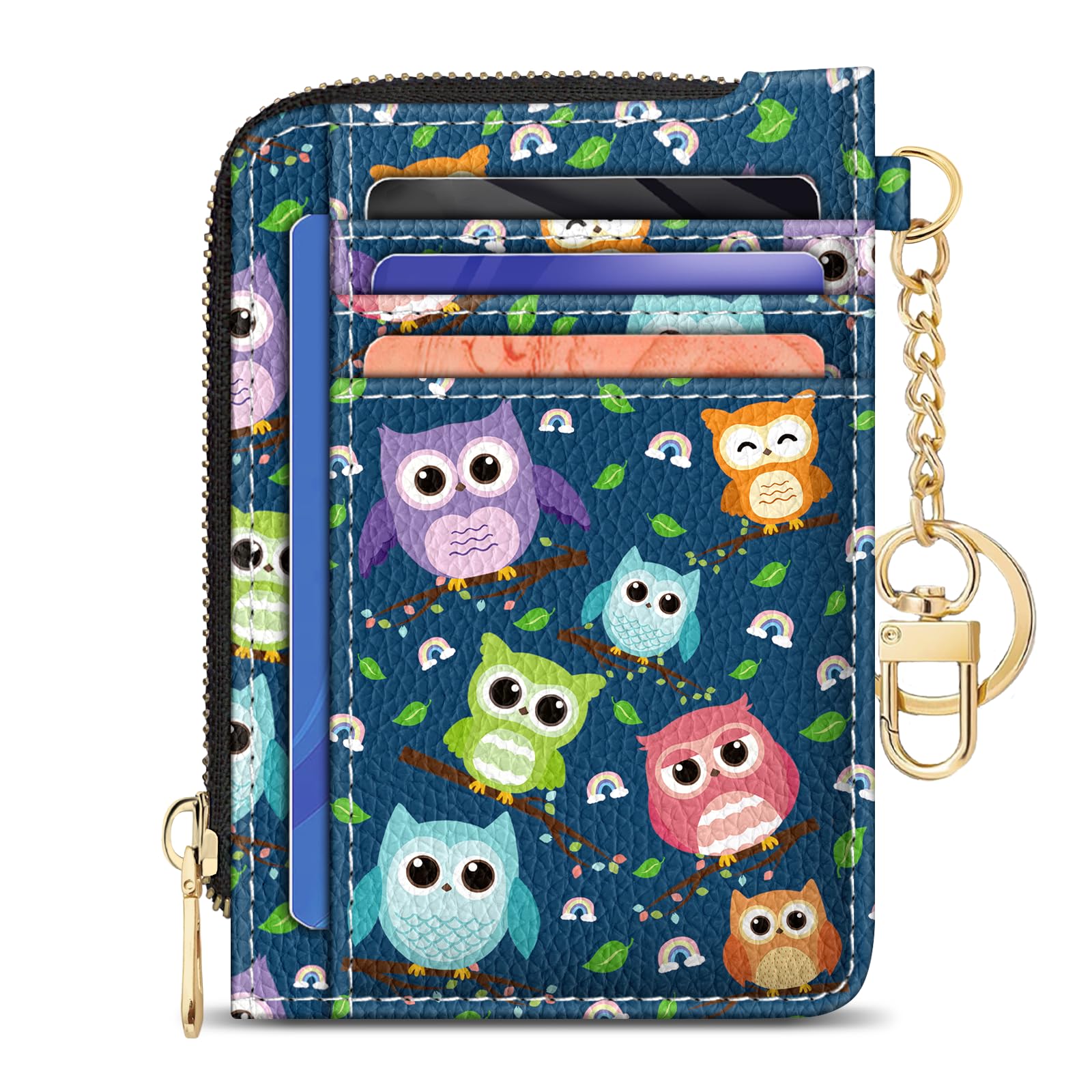 GIANCOMICS Slim Wallet Credit Card Holder Women, Owls Rfid Blocking Small Card Case, Keychain Thin Pocket Curved Zipper Wallet, Travel Card Holder PU