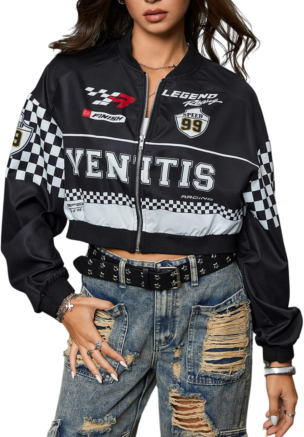 Verdusa Women's Plaid Colorblock Cropped Motorcycle Jacket Hip Hop Streetwear Zip Up Outerwear