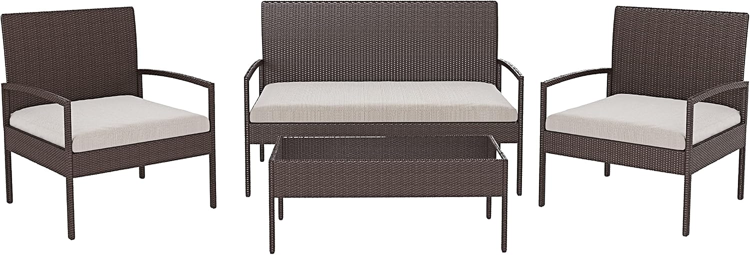 Tavolino Da Esterno In Vimini Marrone, 45x45x40 Cm, Con Piano In Poli-legno E Ripiano Inferiore, Per Giardino E Terrazzo