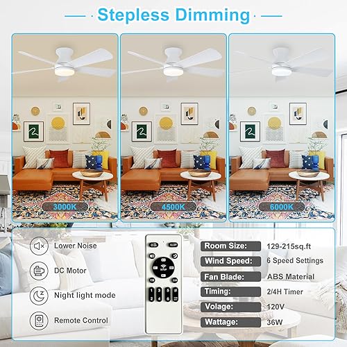 Miniatura 3 de Depuley Ventilador de techo moderno con luz: ventiladores pequeños blancos de 42 pulgadas para dormitorio interior y exterior - Ventiladores de