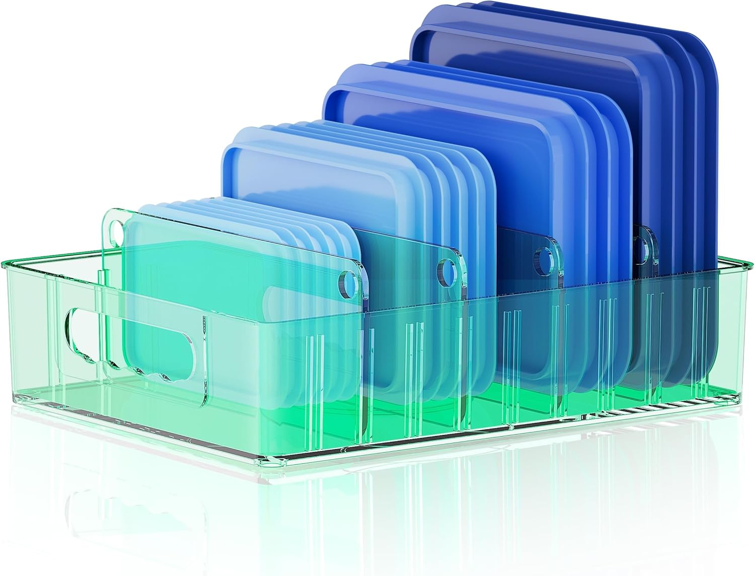 LYNG Lid Organizers Inside Cabinet, Clear Plastic Storage Lid Organizer With 4 Adjustable Dividers, Food Container Lid Organizer For Kitchen Pantry Green