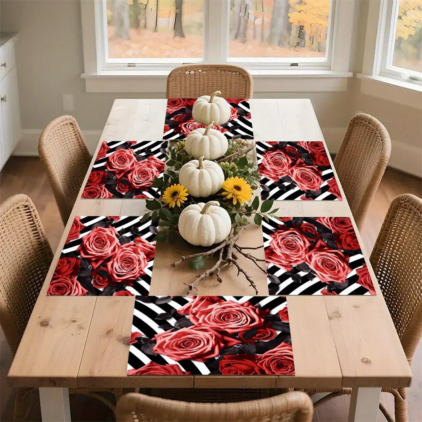 Roses Flower Floral Zebra Stripes Placemats Wipeable Heat Resistant Table Mats Washable Flax Place Mats Elegant Cloth Non-Slip Placemat for Kitchen Dinning Party Table Decor 12 * 18 in