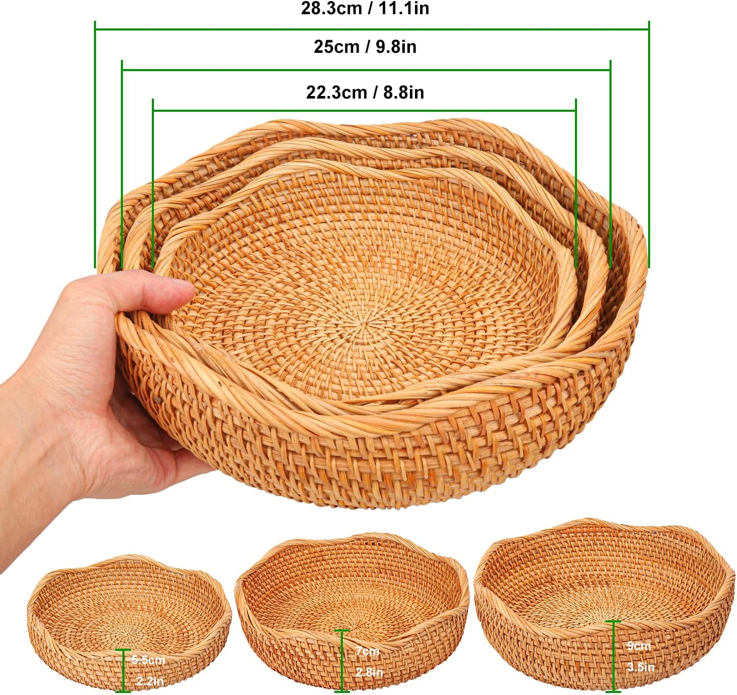 3 PCS Rattan Bread Basket - 3 Size Authentic Handmade Decorative Woven Baskets for Kitchen, Round Rattan Fruit Baskets Bowls for Table, Kitchen Decor