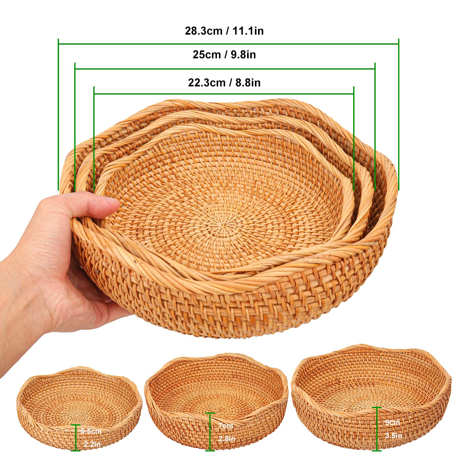 3 cestas de pan de ratán, 3 tamaños, auténticas cestas tejidas decorativas hechas a mano para cocina, cestas redondas de frutas, elegantes cuencos tejidos para servir mesa, decoración de