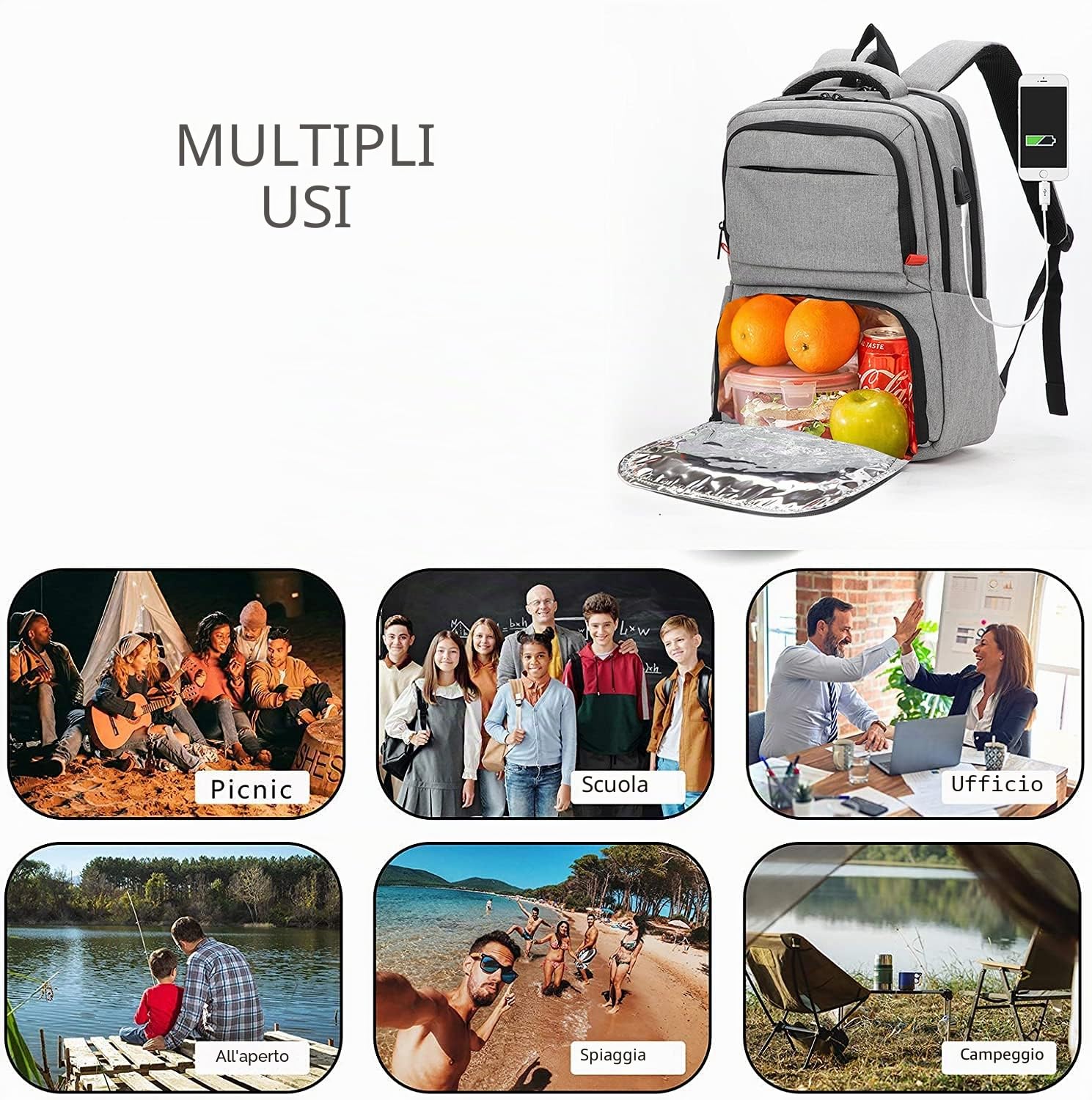 scosao Zaino Termico a Prova di Perdite, Borsa Frigo Isoterma con Scomparto Refrigerante, Multifunzione Zaino per Laptop con Porta di Ricarica USB per Uomo Donna, PIC-nic, Barbecue, Campeggio,Black