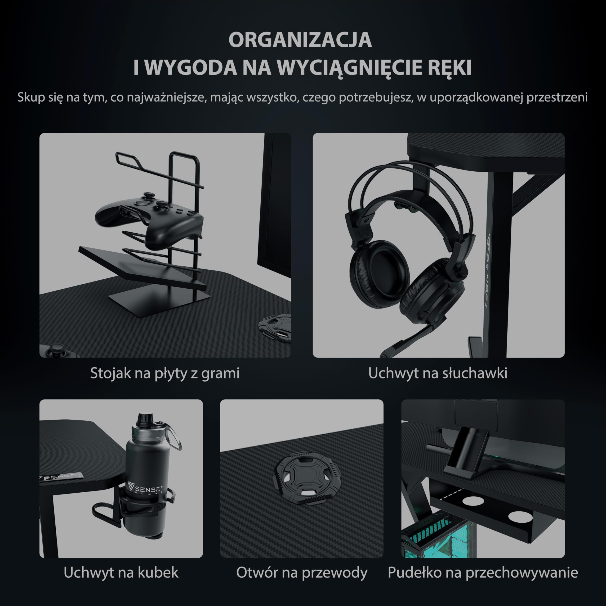 SENSE7 Biurko Gamingowe 140 x 60 cm z Uchwytem na Słuchawki, Kubek i Kontroler, Blat z Powłoką Carbon, Czarne Biurko dla Graczy, Udźwig do 80kg (Nomad Basic)
