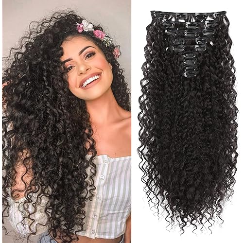 FLUFYMOOZ 9PCS Clip in Hair Extensions 22 Inch Curly Hair Extension Long Soft Synthetic Hairpieces for Women (Black Brown)