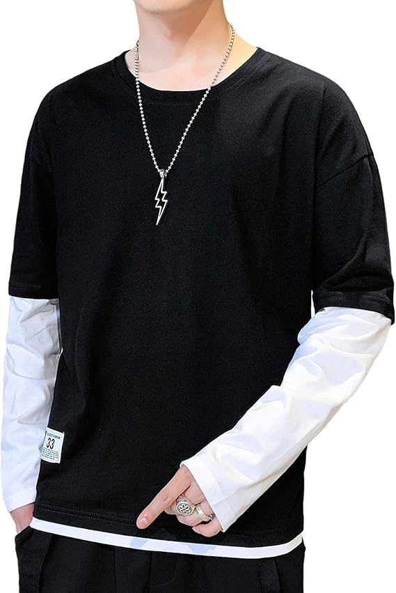 Amazon Tシャツ メンズ 長袖 秋服 メンズ ながそでtシャツ 綿100 トップス 重ね着風 ロングtシャツ 無地 カットソー カジュアル おしゃれ ロンt 秋 冬 春 黒 M Tシャツ カットソー 通販