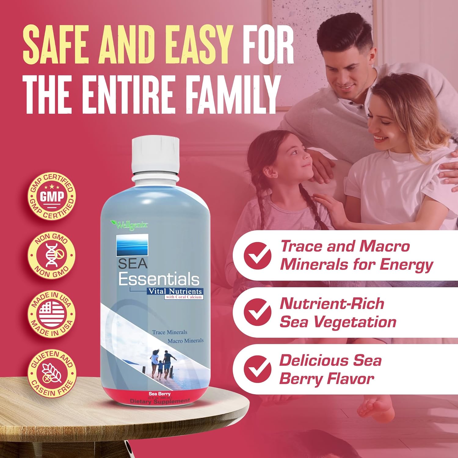 Wellgenix Sea Essentials Liquid Mineral Dietary Supplement with Trace and Macro Minerals and Coral Calcium – Sea Berry Flavor – 32 fl oz