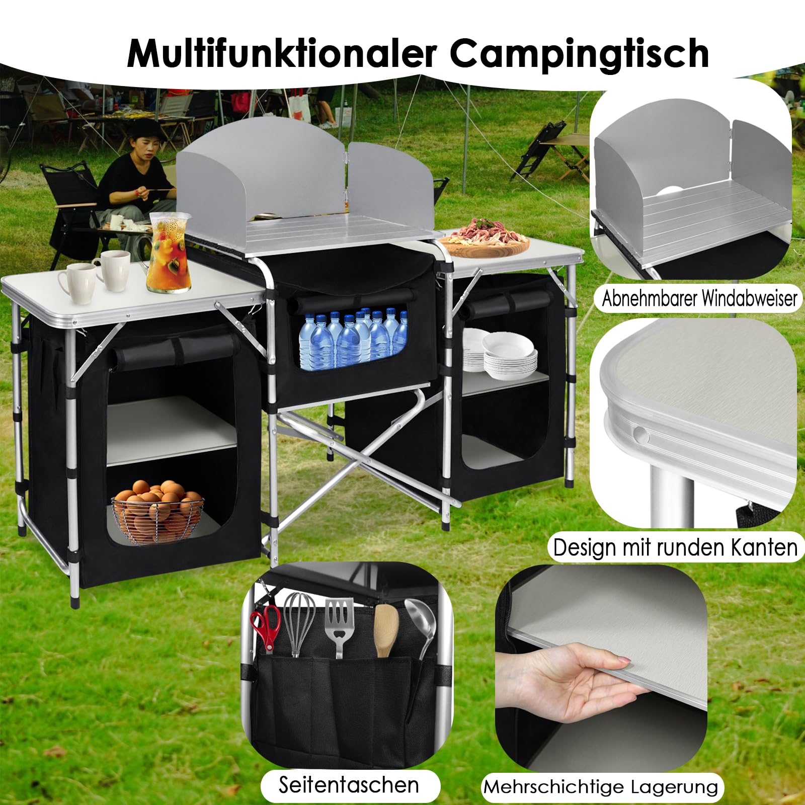 Campingküche Faltbar Campingschrank Einstellbar Campingtisch Reiseküche mit Aluminiumgestell Camping küche Zeltschrank Outdoor Küchenbox Campingregal inkl. Tragetasche (174 x 52x 110cm)