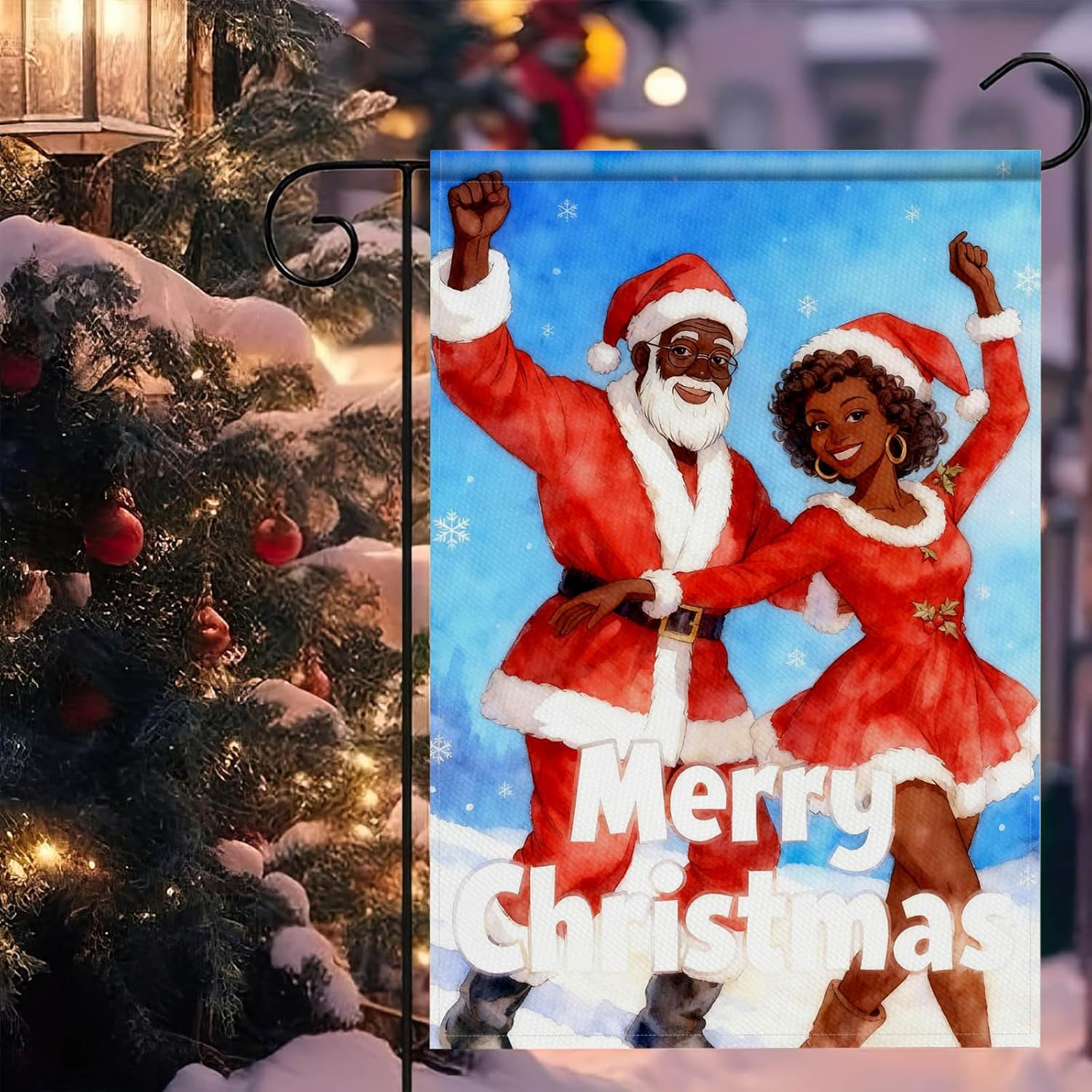 Black Santa and African American Mrs Claus Dancing Merry Christmas Garden Flag 12x18 Inch Couple Holiday Yard Banner Double Sided Seasonal Outdoor Winter Decoration for Porch Lawn Patio - Image 2