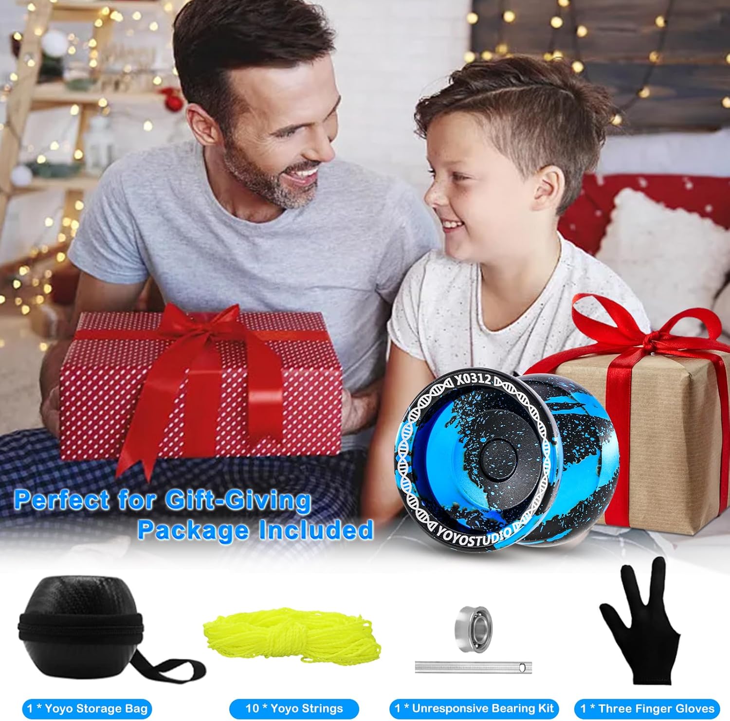 YOYOSTUDIO X0312 Trick Yoyo Professional Responsive Yoyo for Kids 8-12 or Above, Finger Spin Metal Yo yo for Adults with Unresponsive Yoyos Bearing Kit, 10 Yo-Yo Strings, Case & Glove - Black Blue