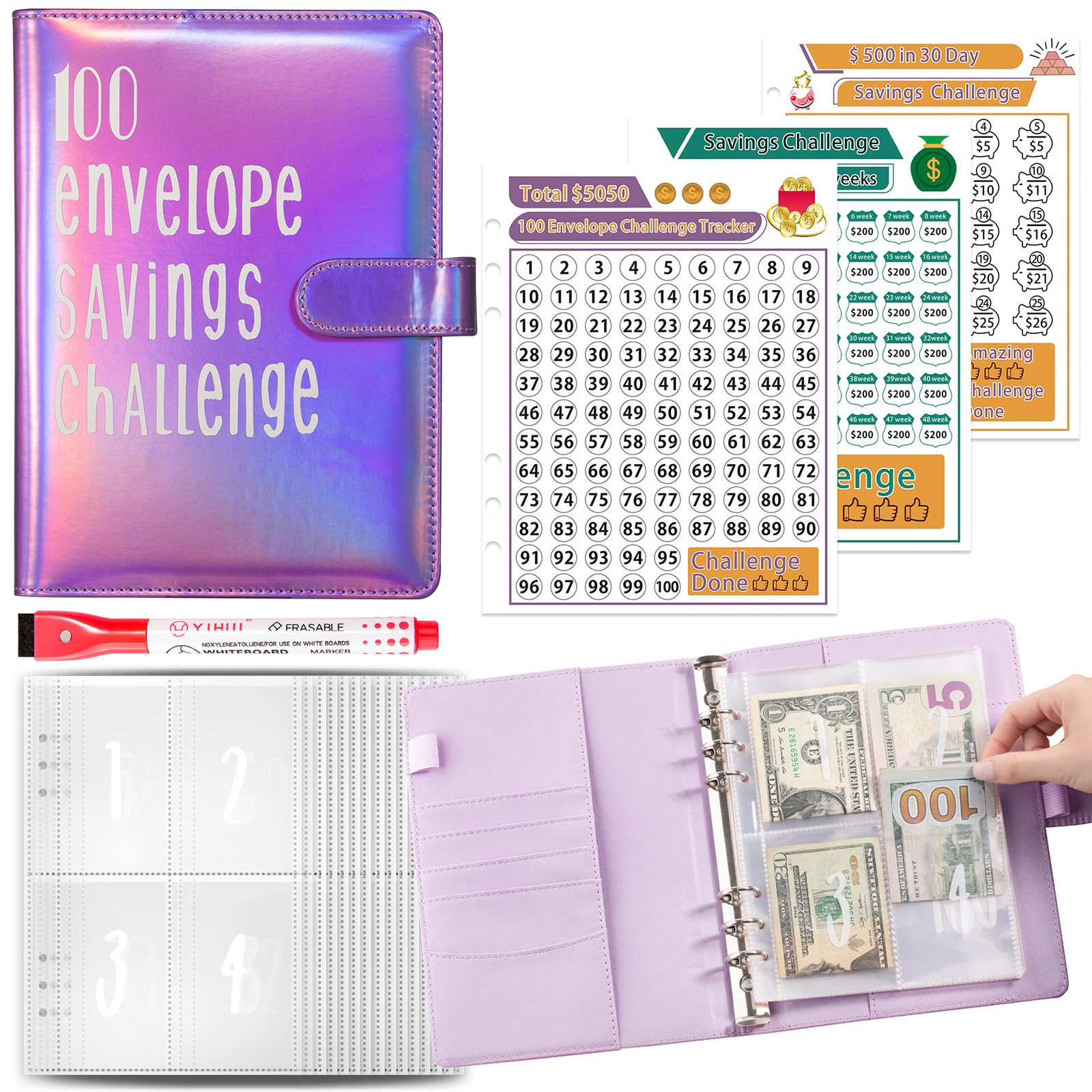 Dofover 100 Envelopes Money Saving Challenge Binder With Pen,Budget Binder Savings Challgenge Book Easy & Fun Way To Save Cash $5,050,Savings Challenges Book With Envelopes