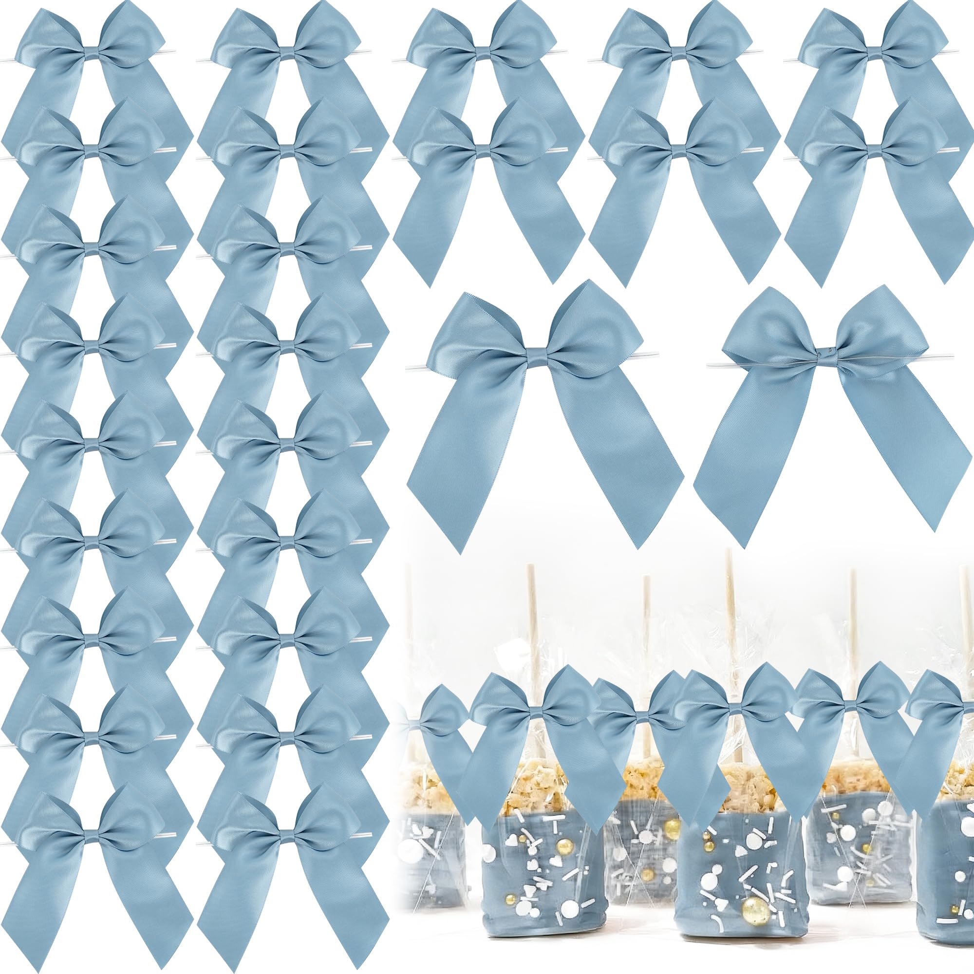 LiBongTa Dusty Blue Bows 24 PCS Pre-Tied Twist Tie Bow 4.5" Blue Satin Ribbon Bows for Gift Wrapping Treat Bags Wine Bottle DIY Crafts Baby Shower