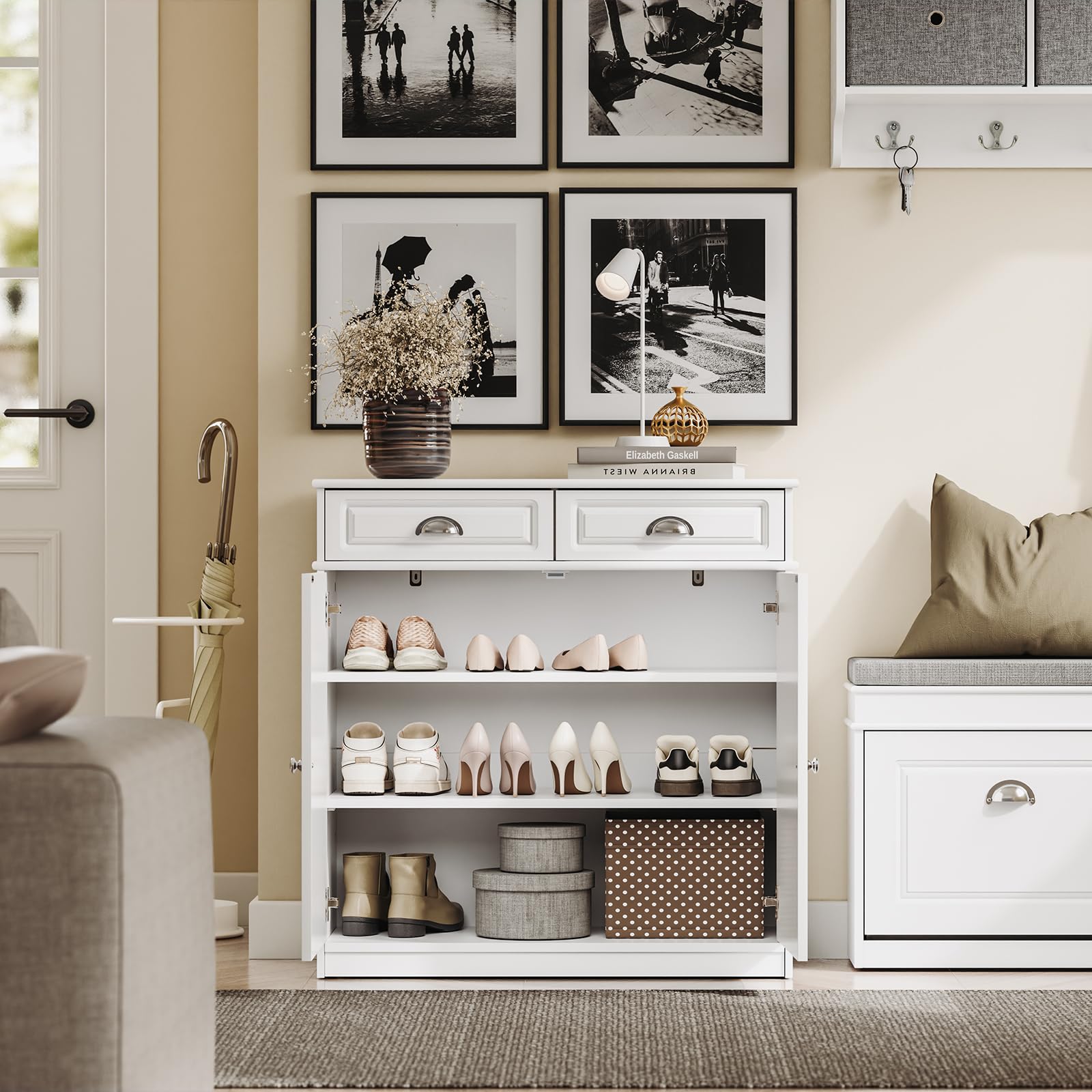 SoBuy Scarpiera Ingresso, Mobile Ingresso per 12-15 Paia di Scarpe, Scarpiera Bianca, Credenza per Corridoio, Soggiorno o Cucina, MDF (E1) - 80x35x82cm FSB104-W