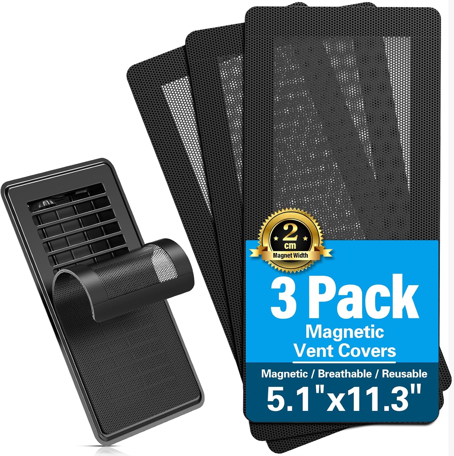 Magnetic Vent Screen Mesh Covers, Floor Vent Covers 3 Pack, for Floor, Wall & Ceiling Registers of Width 5" to 5.75", Length 11.2" to 11.75", Magnetic Air Vent Filter, Black