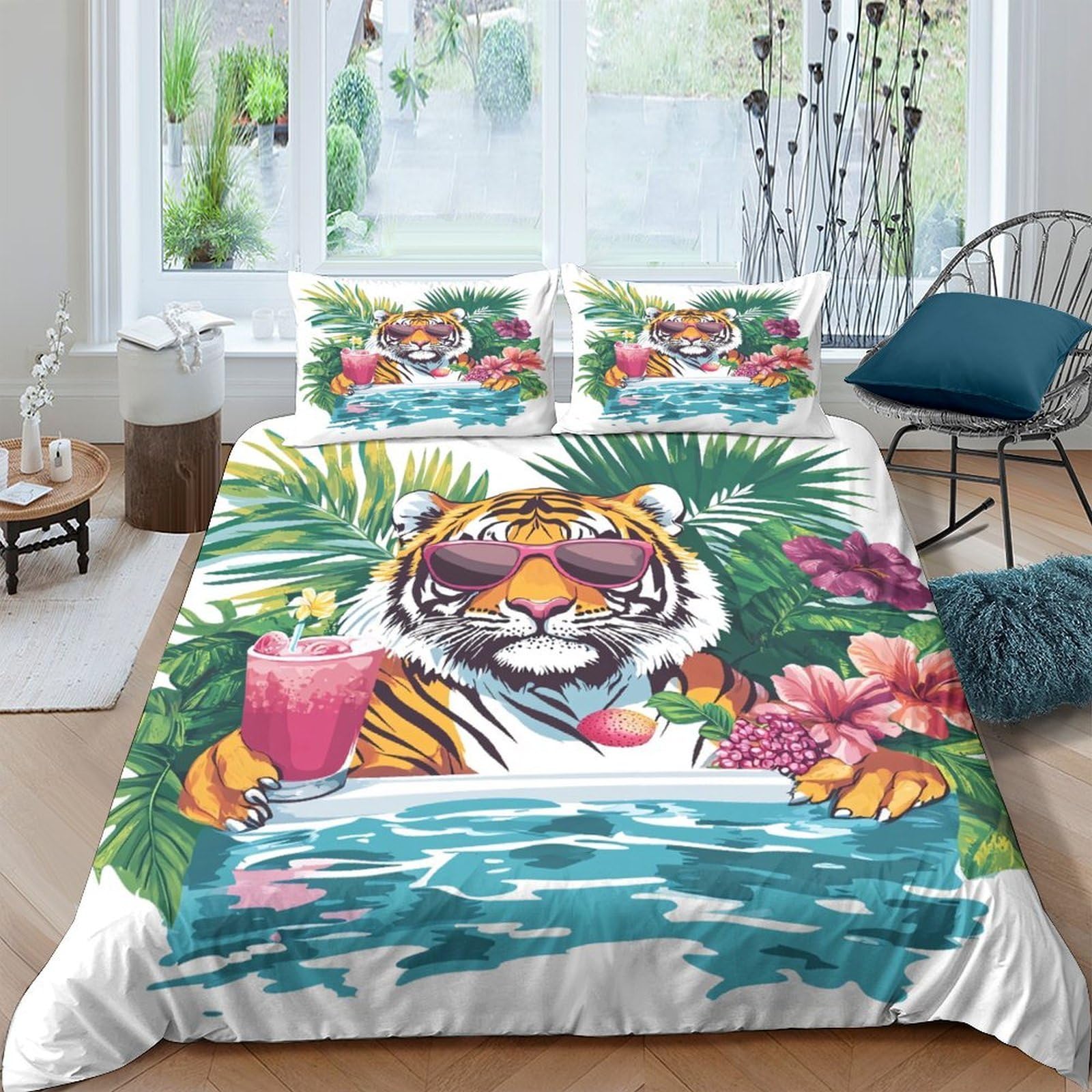 GPLZQXKJNH 3D Printed Tropical Tiger Duvet Cover Microfiber Soft Breathable Jungle Pool Bedding Set with 2 Pillowcases for Bedroom Decor Single（135x200cm）