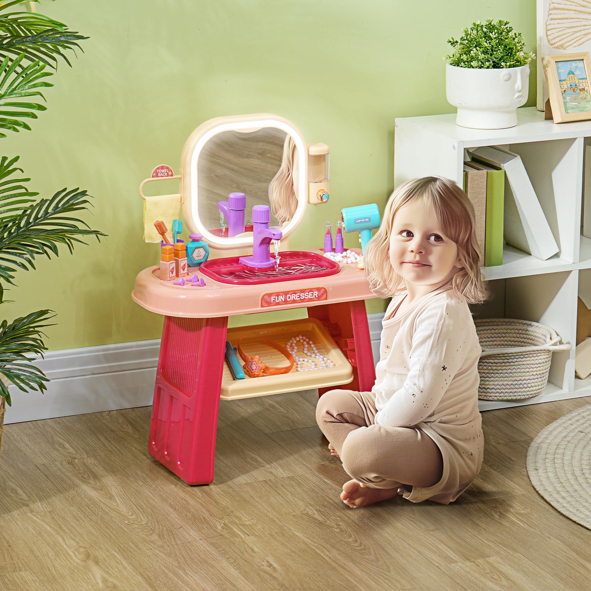AIYAPLAY - Juego de tocador para niños, 23 Unidades, Mesa de Maquillaje con Espejo, luz LED y música, para niños de 3 a 6 años, Color Rosa