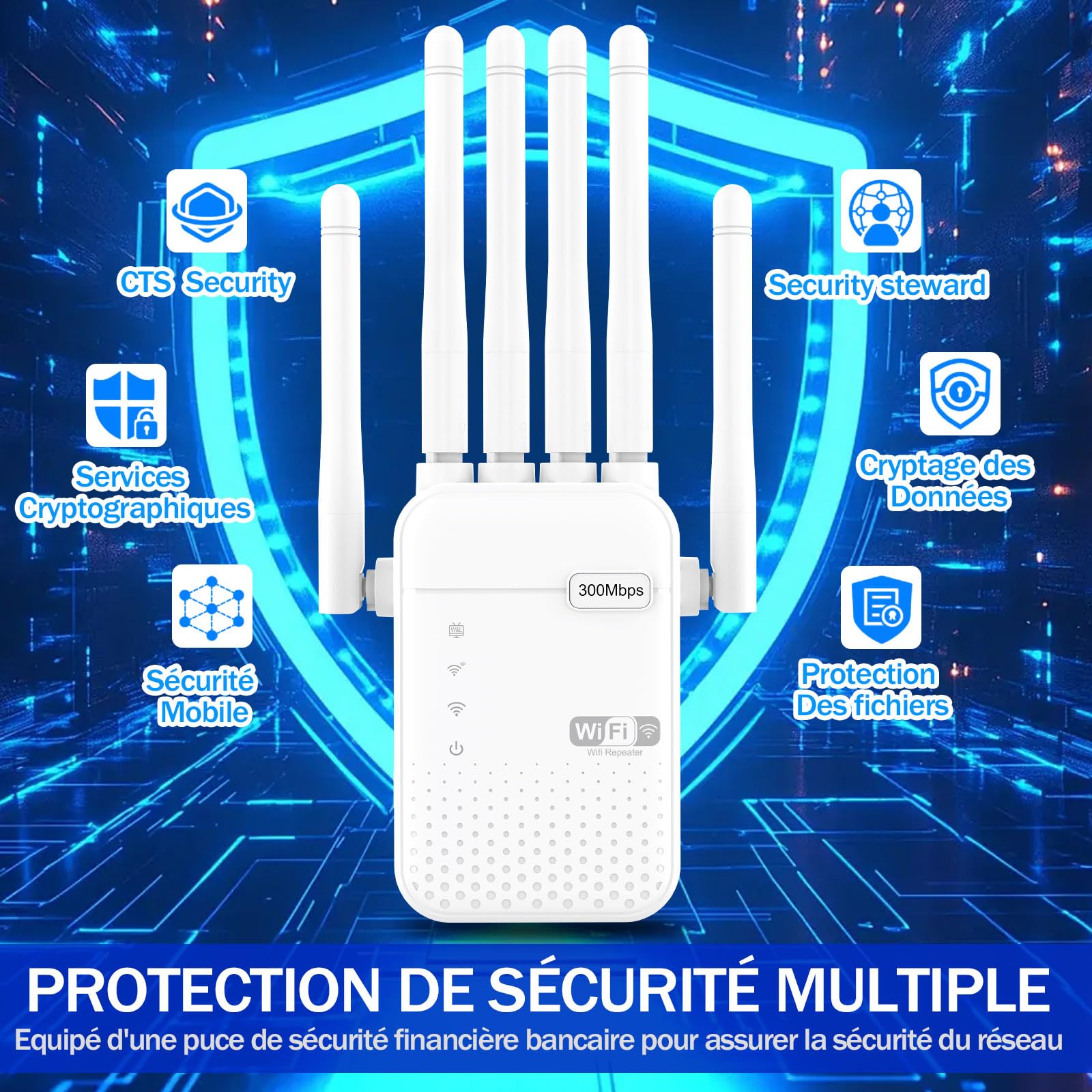 Générique Ripetitore WiFi Potente, Amplificatore WiFi, Ripetitore WiFi Esterno, 300 Mbps, 2.4 GHz, 6 Antenne, 2 Porte LAN, Modalità Ripetitore & Router & AP, Copertura WiFi di 300 m², R081
