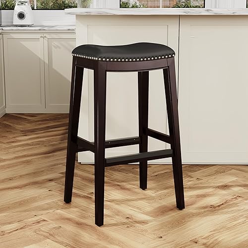 Miniatura 68 de DTY Indoor Living Durango - Taburete de cuero regenerado, taburete de mostrador de 24 pulgadas, acabado espresso, asiento de cuero negro Acabado
