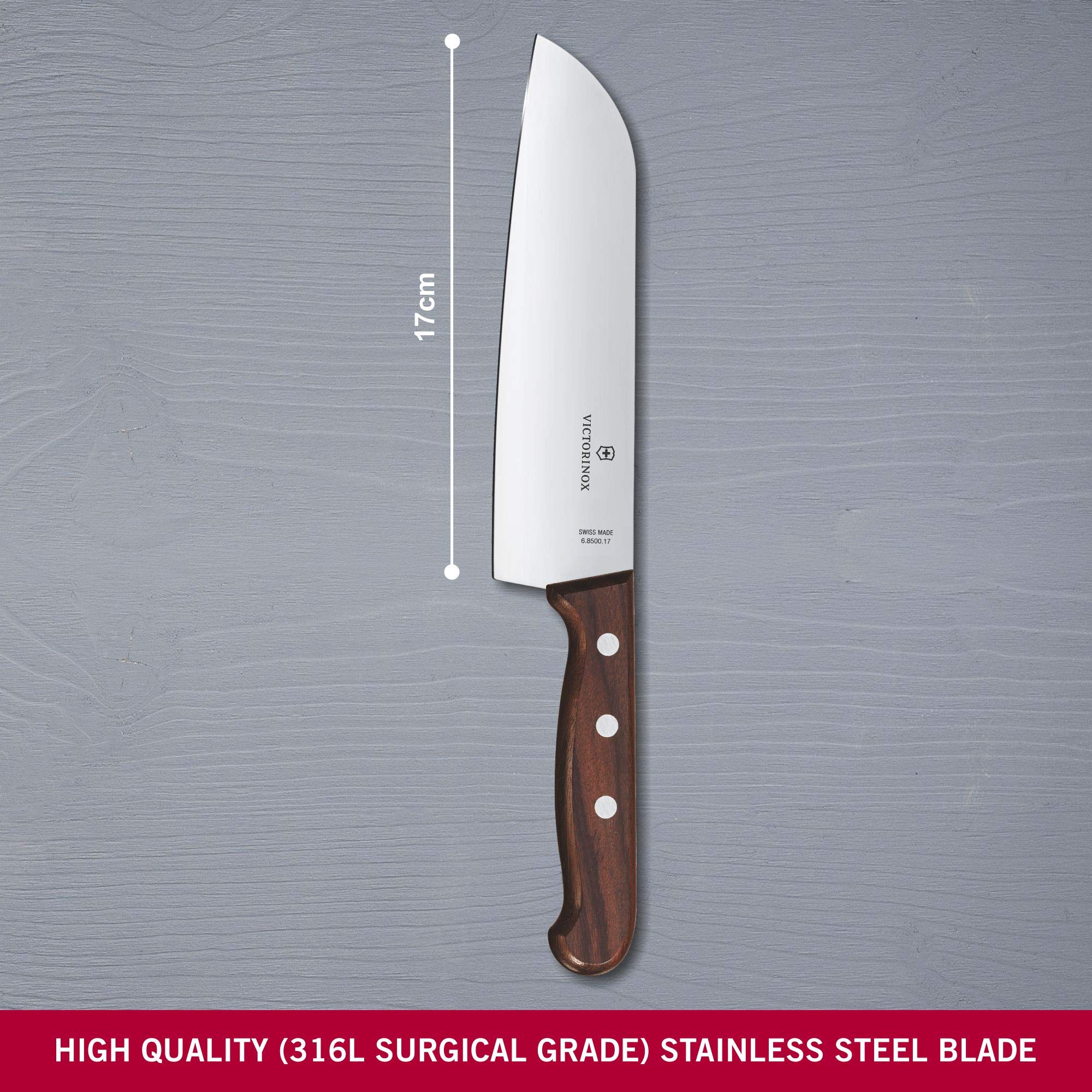 Victorinox Wood, Profi Santokumesser, Extra Scharfe Klinge, gerader Schliff, 17 cm, Edler Holzgriff, Rostfreier Stahl, braun