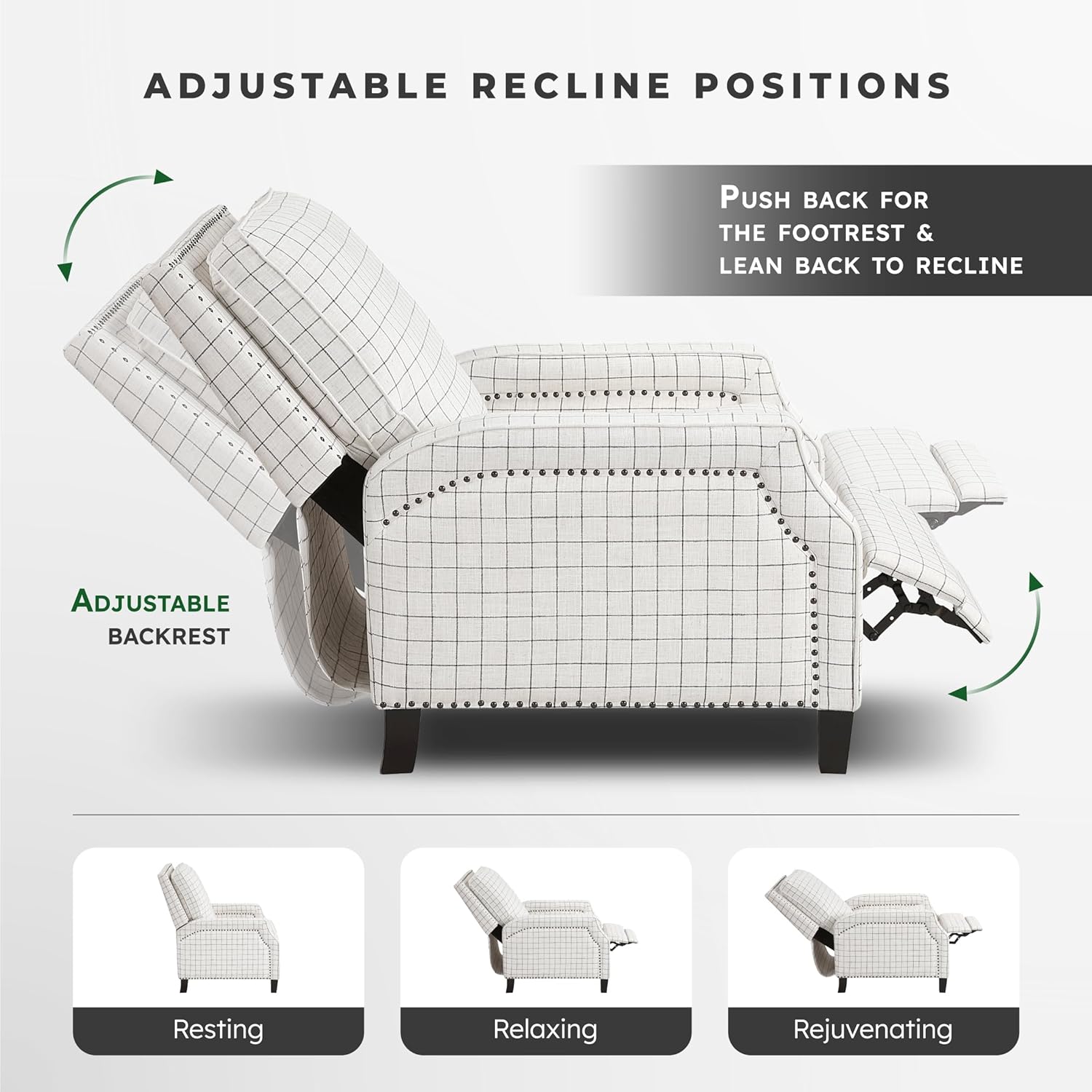 Lexicon Pushback Recliner Chair, Plaid Textured Fabric Armchair Push Back Reclining Chair, Nailhead Trim, Solid Wood Legs, Easy Assembly for Living Room/Office/Apartment, Off-White