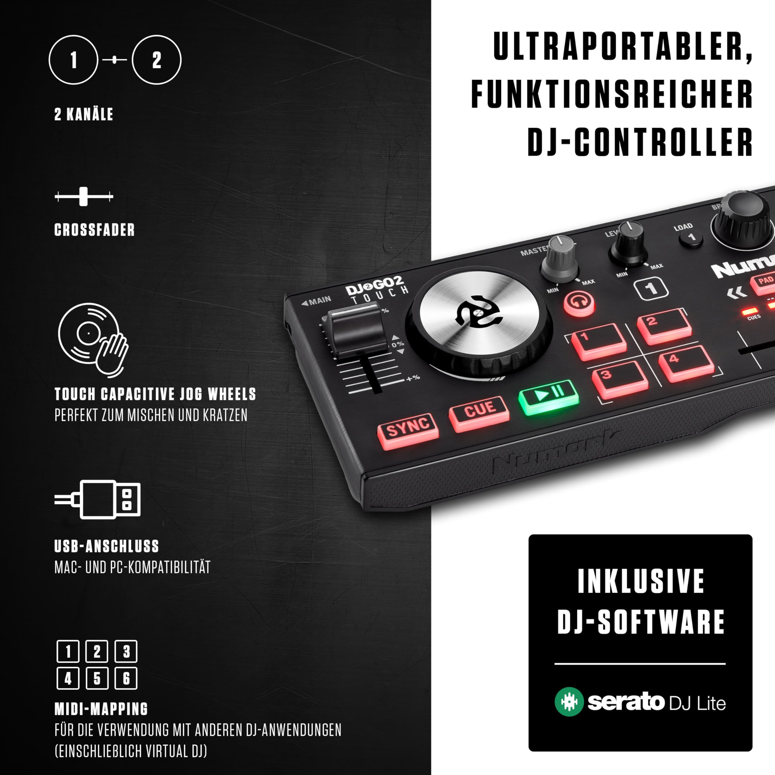Numark DJ2GO2 Touch Kompakter DJ-Controller | Tragbar, 2-Deck, DJ-Mixer, Touch-kapazitive Wheels, Integriertes Audio-Interface und Serato DJ Lite, Gen 3