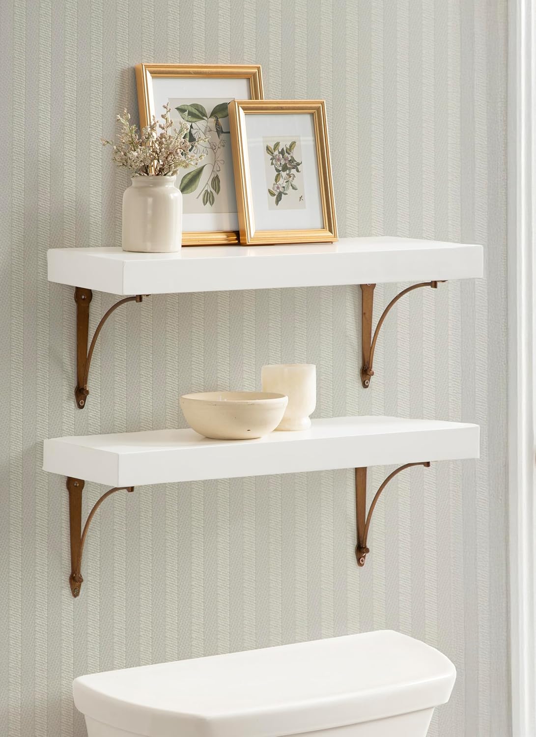 Kate and Laurel Hatley Vintage Glam Ornate Shelves, Set of 2, 24 x 8, White and Antique Brass, Functional Nursery Book Shelves or Bathroom Shelf Decor for Over Toilet Storage and Display
