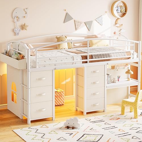 Low Loft Bed Twin Size with 7 Storage Drawers, Desk and LED Lights, Heavy Duty Metal Kids Loft Bed with 12" H Safety Guardrail, Anti-Collision Pad, Private Play Curtain, Under-Bed Play Space (White)