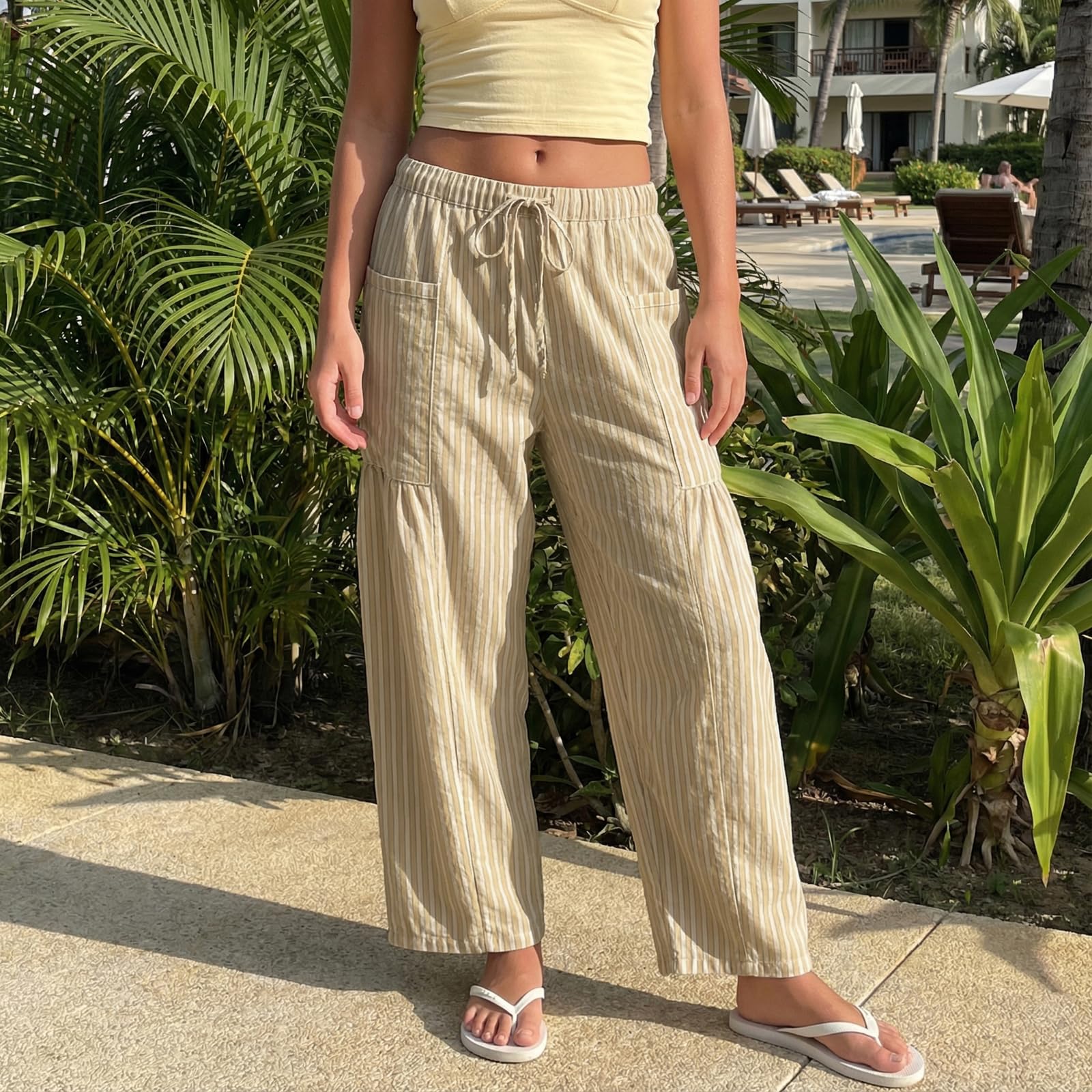 Sexy Outfit Pantalon Sarouel rayé en Coton et Lin pour Femmes, Ample, Jambes Larges, Cordon de Serrage, Pantalon de Plage avec Poches, vêtements de détente d'été