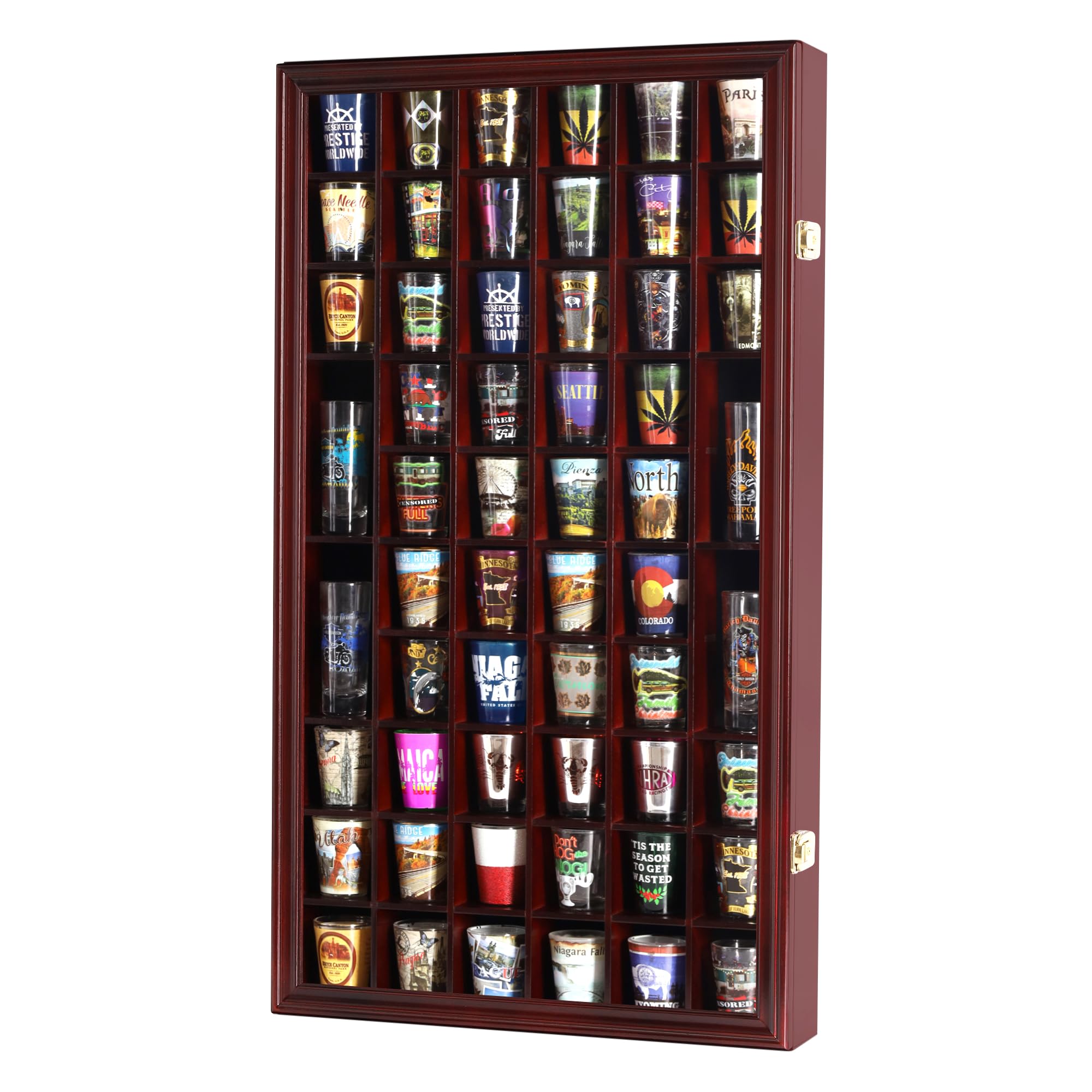 DisplayGifts Solid Wood Shot Glass Shooter Display Case Holder Cabinet Wall Rack Hinged Glass Door 56 Slot Cherry Finish