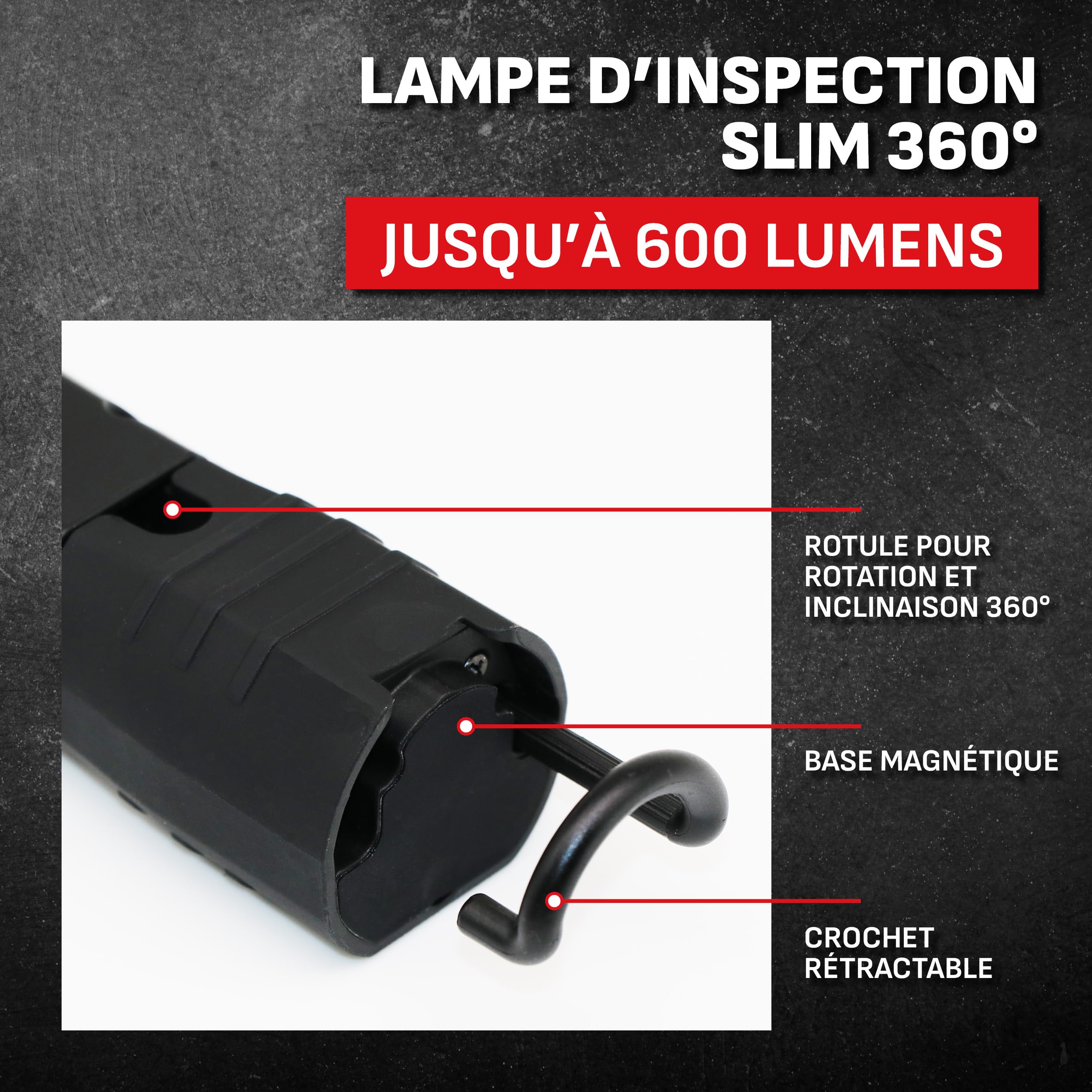 Schumacher SL184 Lampe de Travail Électrique Slim - Éclairage Directionnel Ultra Brillant, Pivotant et Inclinable à 360° - Variateur d'Intensité - Batterie Rechargeable Lithium-ION 2600mAh - Noire | Pivotant et Inclinable à 360°, Variateur, Batterie Lithi