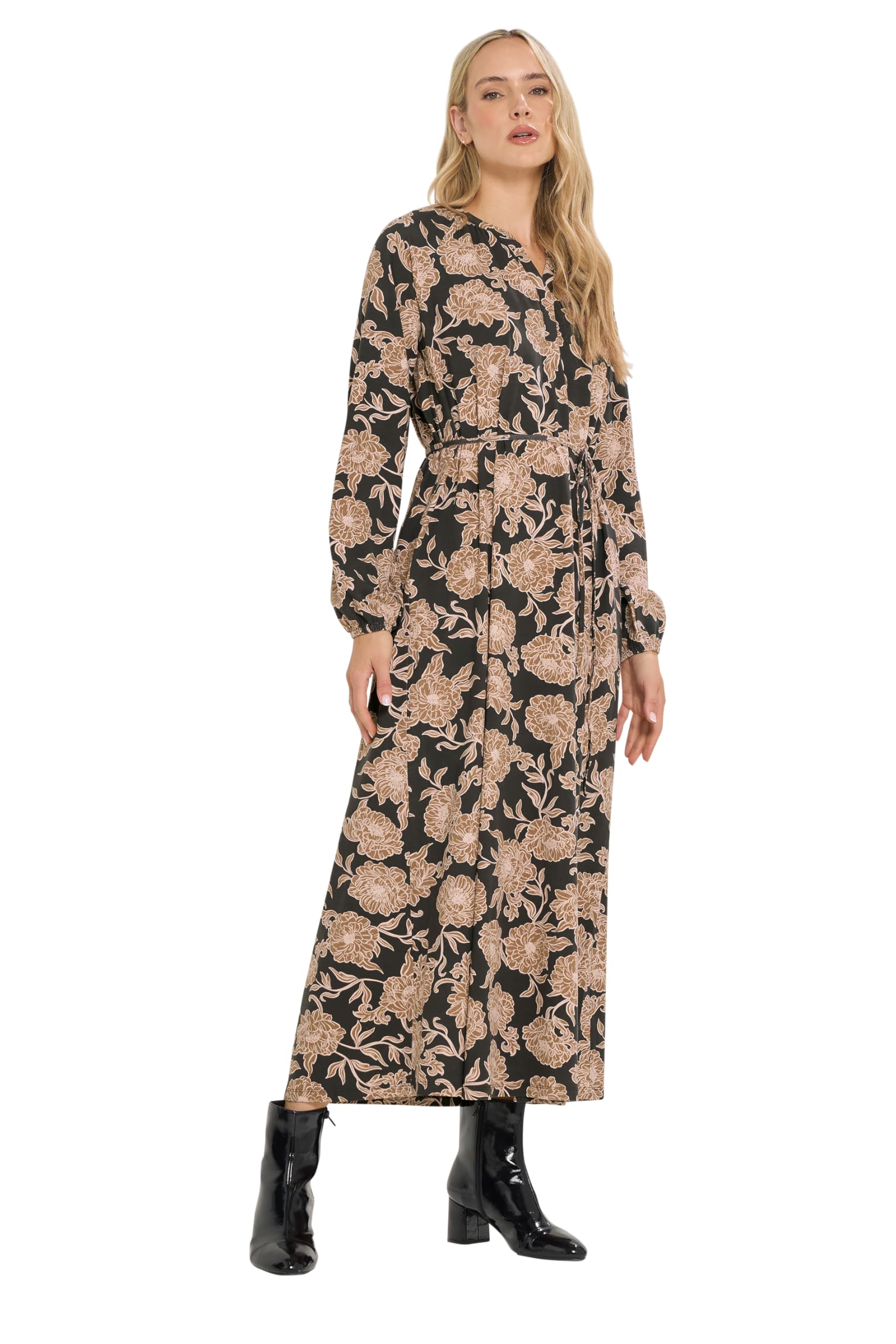 Long Tall Sally Women's Brown Tall Floral Belted Maxi Dress In Size 12