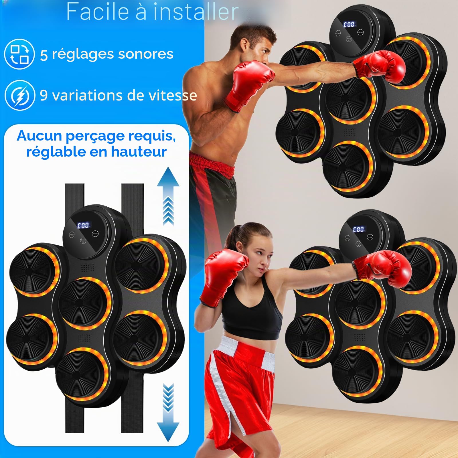 Boîte à Musique, Boîte à Musique Bluetooth, Boîte à Musique Murale avec Gants de Boxe pour Adultes et Enfants, 9 Modes de Vitesse, 9 Vitesses Réglables et Modes de Comptage