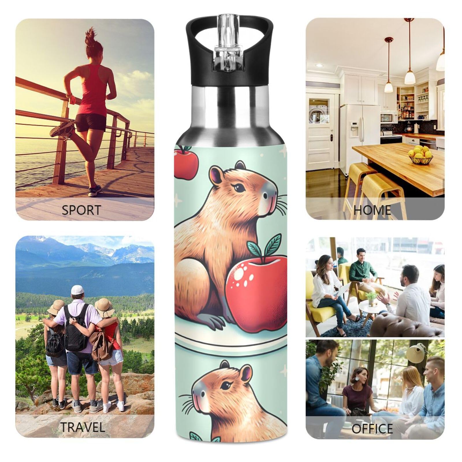 Ericetion Capybara Kinder Wasserflasche 480ml - Isolierflasche Edelstahl Mit Strohhalm