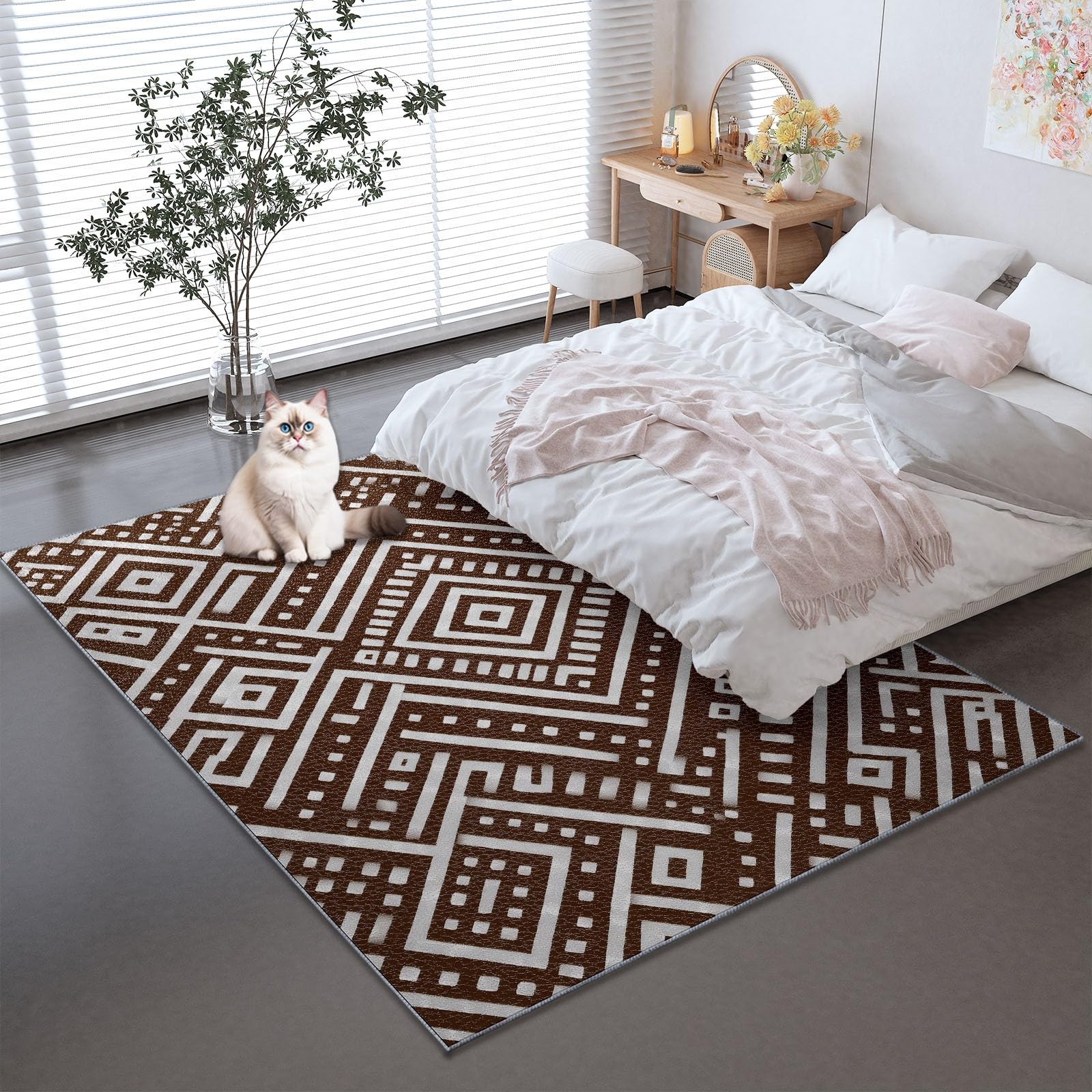 Tapis de Salon 80 x 150 cm – Antidérapant, Doux et Épais Lavable en Machine, Motif Motifs Aztèques – Tapis de Sol pour Chambre, Salle de Séjour, Brun