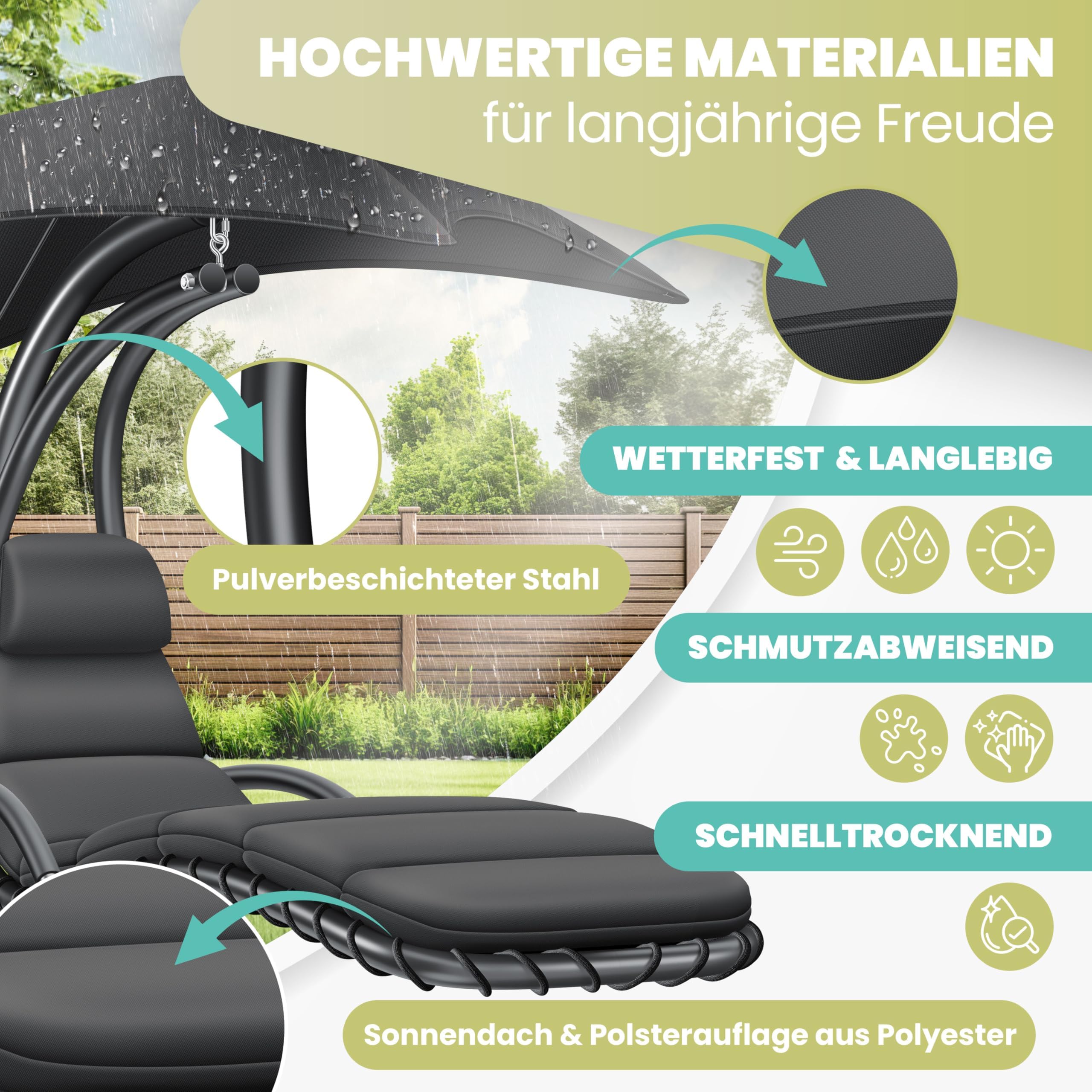 KESSER® Schwebeliege mit Sonnenschirm, Hängeliege, Sonnenliege H200, L194, B100 cm, Relaxliege, Schaukelliege Hängematte, bis 120 kg belastbar, Auflagen - Nackenkissen, Inkl. Tasche