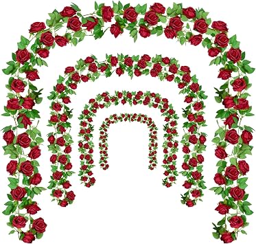 Flower Garland 2Pcs 12FT Artificial Rose Vine with Big Flower Head | Silk Rose Hanging Vine with Green Leaves Flexible Stems for Wedding Party Arch Garden Home Wall Decor