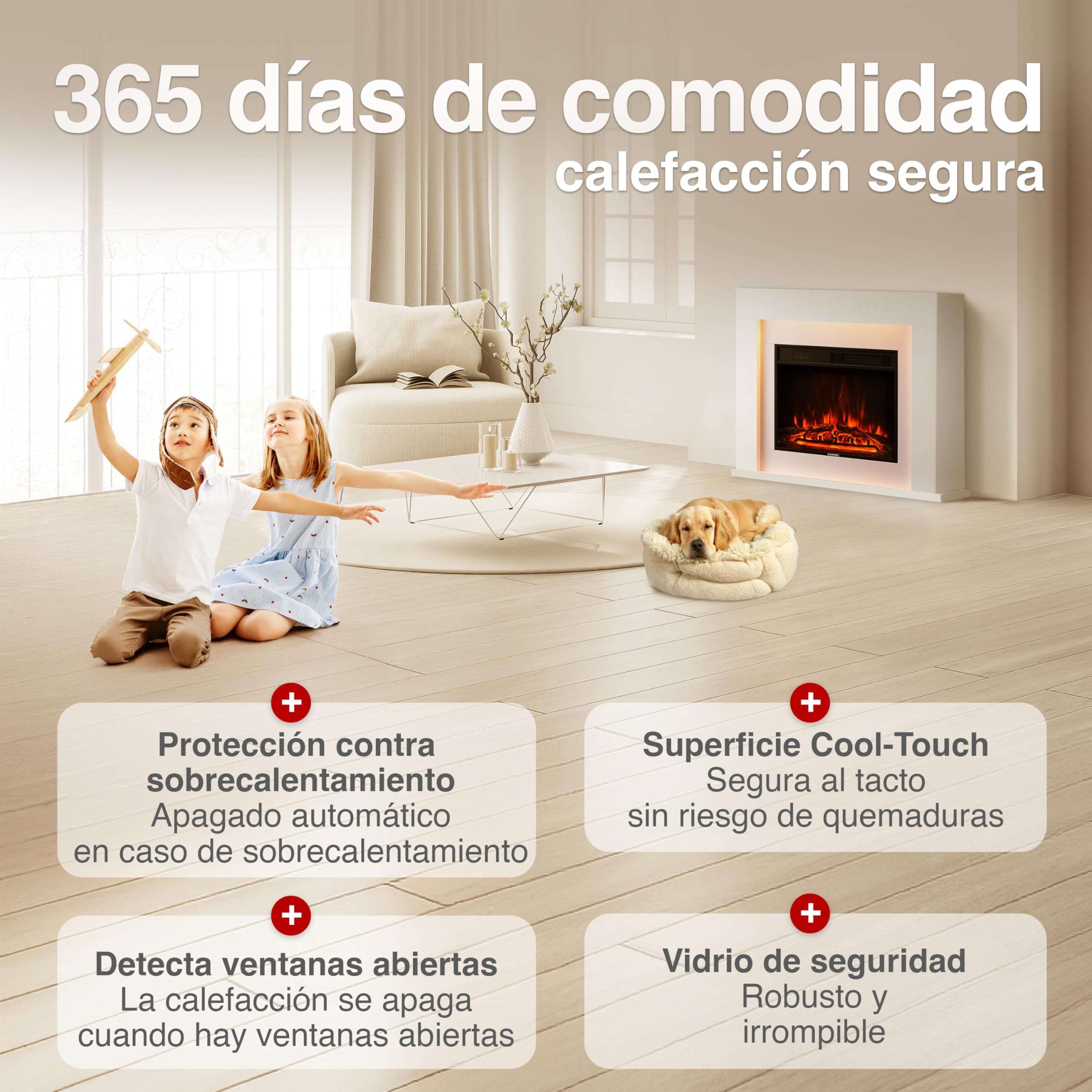 KAMINIO Chimenea eléctrica Matti - Estufa de pie con calefacción, Efecto de Llama 3D, Luz Ambiental LED, Control Remoto - 38 Pulgadas (Blanco)