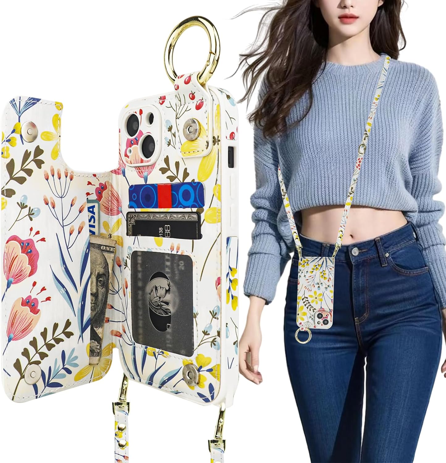 HAOPINSH Crossbody Wallet Case with Card Holder for iPhone 13, RFID Blocking Leather Case with Wrist Strap Lanyard, Finger Grip Ring,Floral Flower Print Flip Folio Kickstand Camera Protection 6.1"