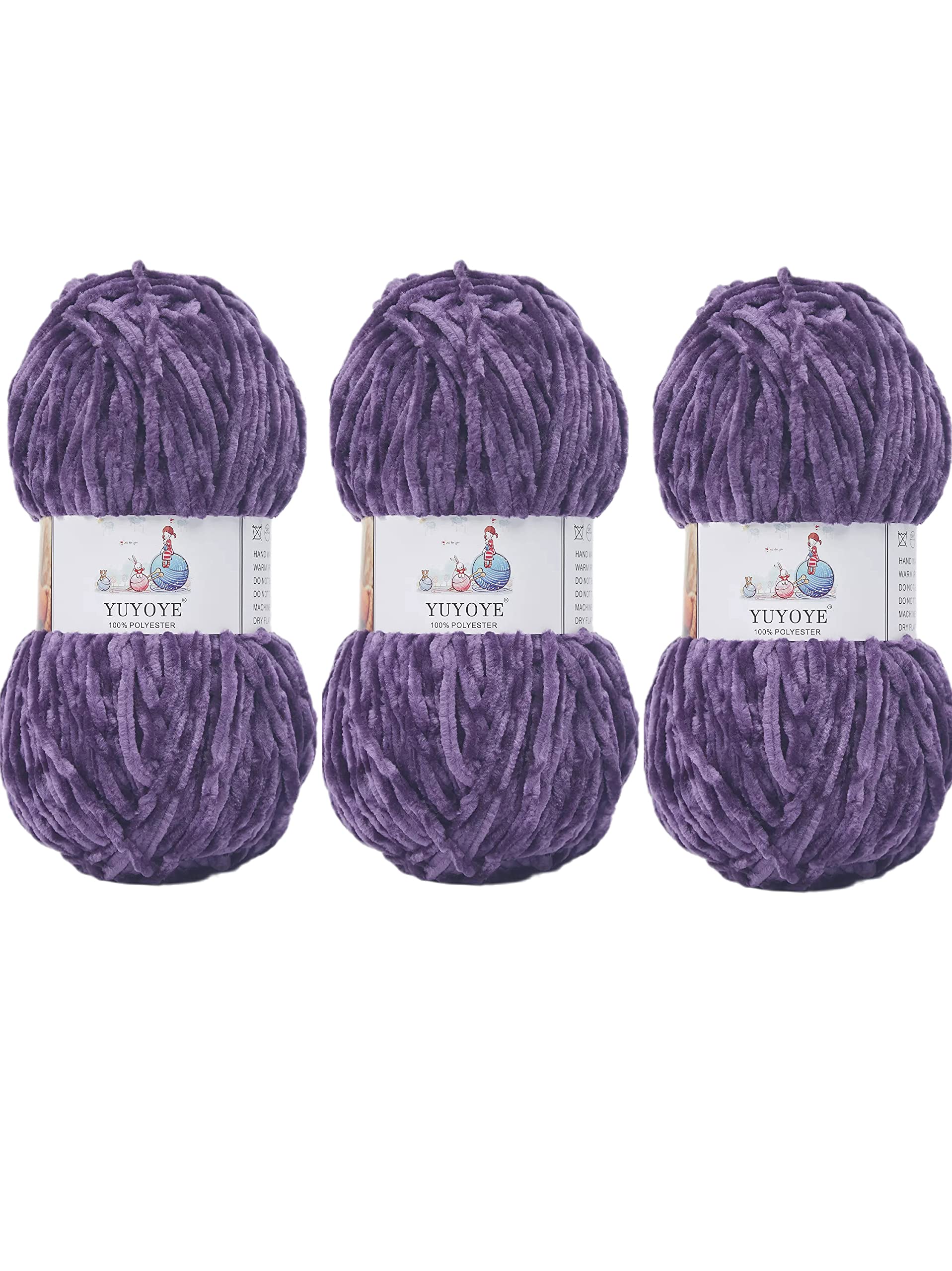 YUYOYE Chenille Yarn for Crochet and Knitting, Velvet Yarn, Purple,19-3pack