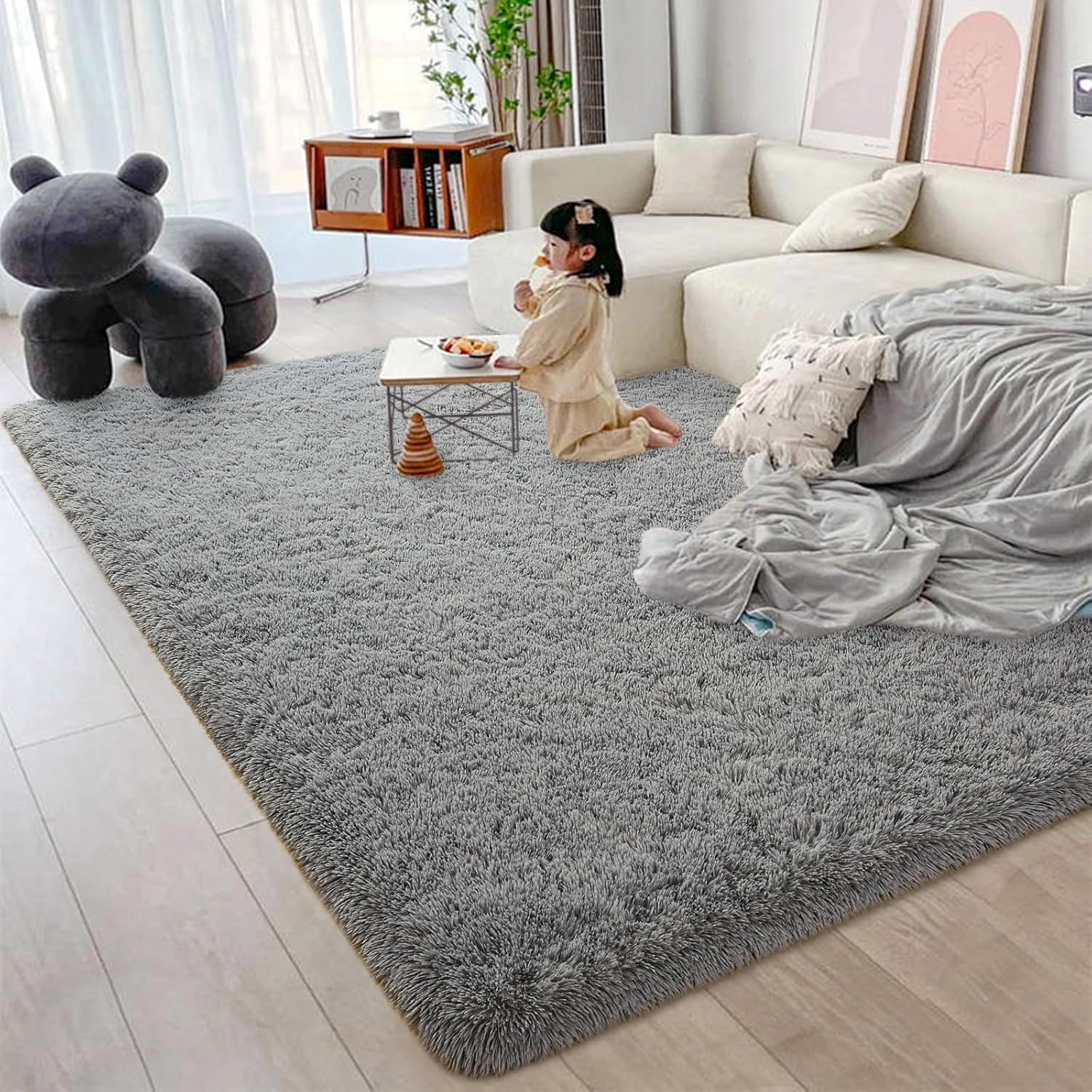 6x9 Feet Large Grey Rug for Living Room Bedroom, Fluffy Shag Area Rug, Non-Slip Plush Fuzzy Rugs for Nursery Kids Room Dorm Room Home Playroom Decor